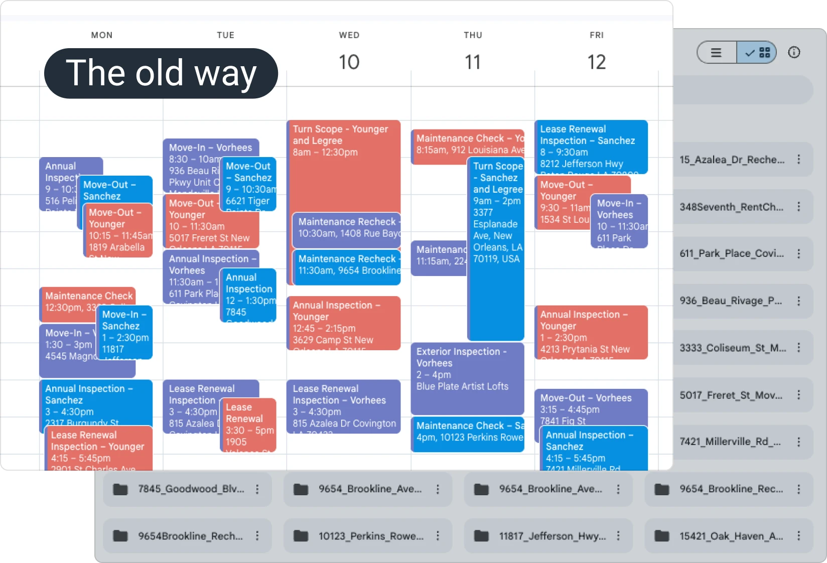 An image showing the old process for inspection management is calendars and spreadsheets. The new process is RentCheck/