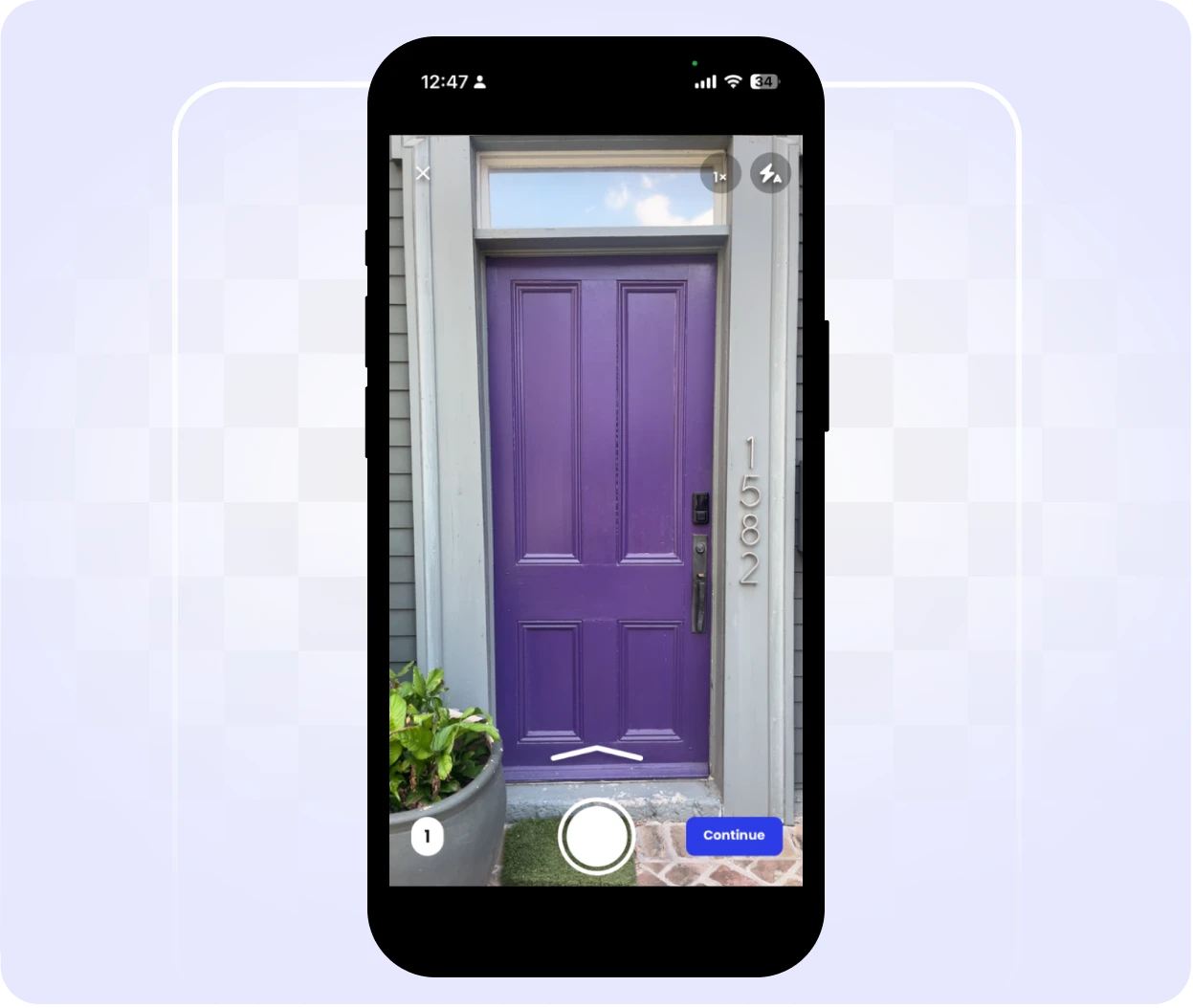 RentCheck mobile app in-app camera interface guiding tenant through property photo capture during a move-in inspection of the front door exterior