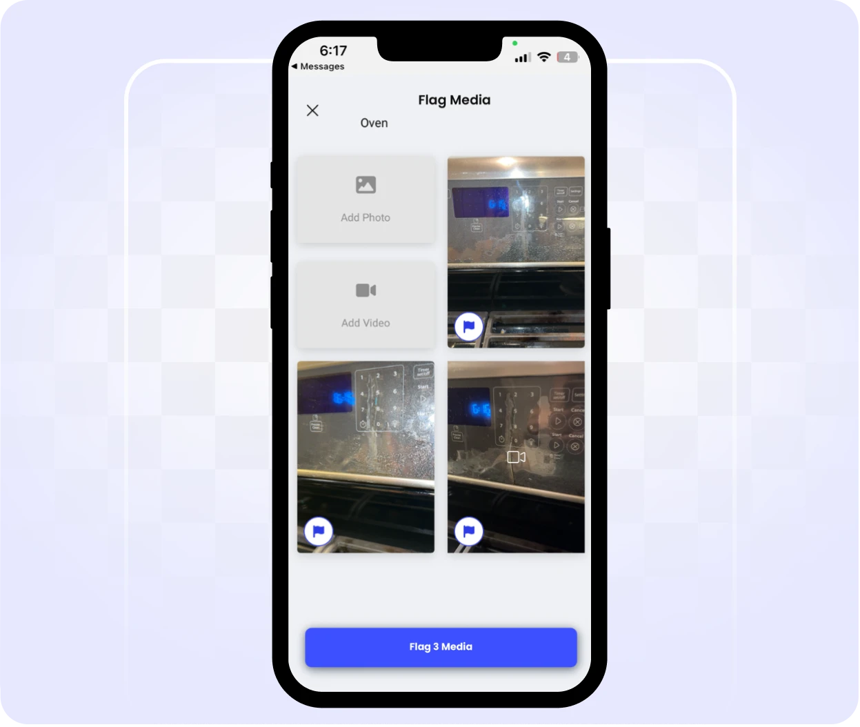RentCheck mobile app maintenance flagging screen allowing tenants to add photos and videos to document oven damage during a property inspection