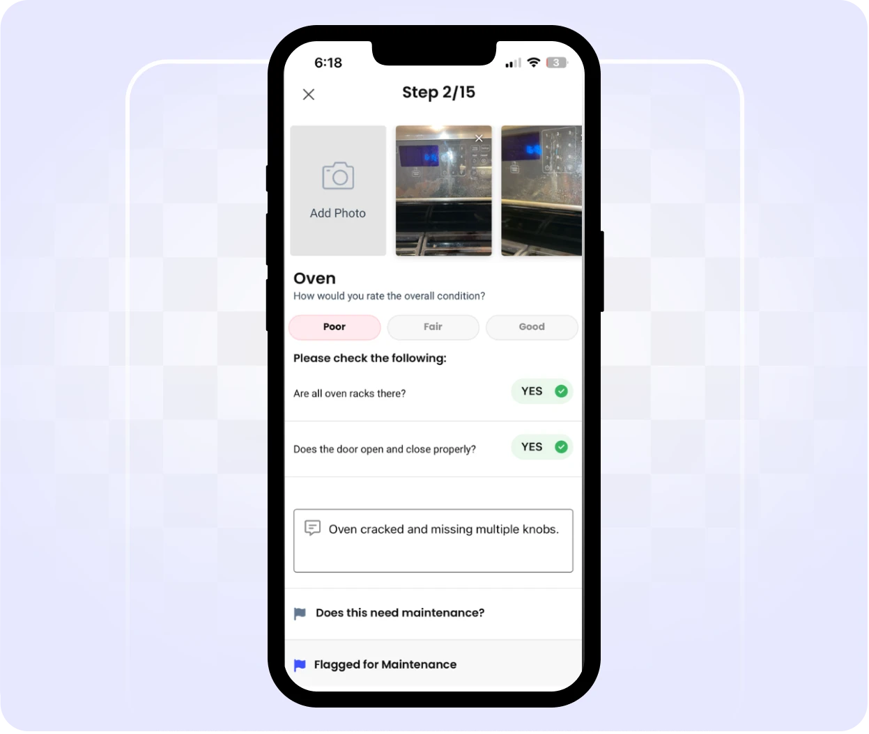 RentCheck mobile app inspection screen showing step-by-step guided inspection of an oven with photo capture, condition rating options (Poor, Fair, Good), checklist questions, tenant notes field, and maintenance flagging feature