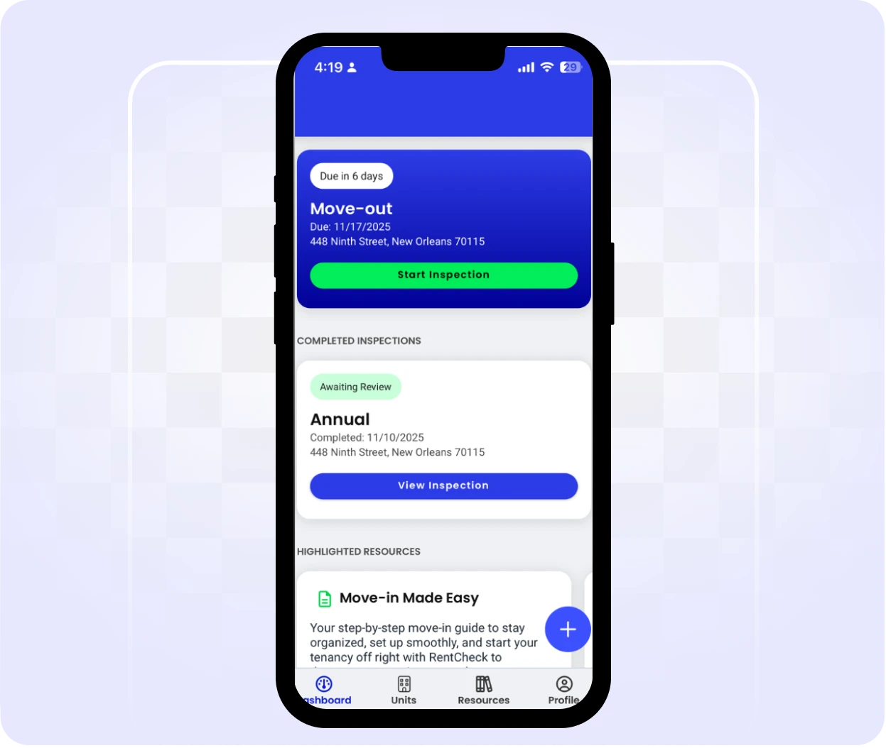 RentCheck tenant mobile app dashboard showing upcoming move-out inspection due in 6 days, completed annual inspection awaiting review, and helpful move-in resources for residents
