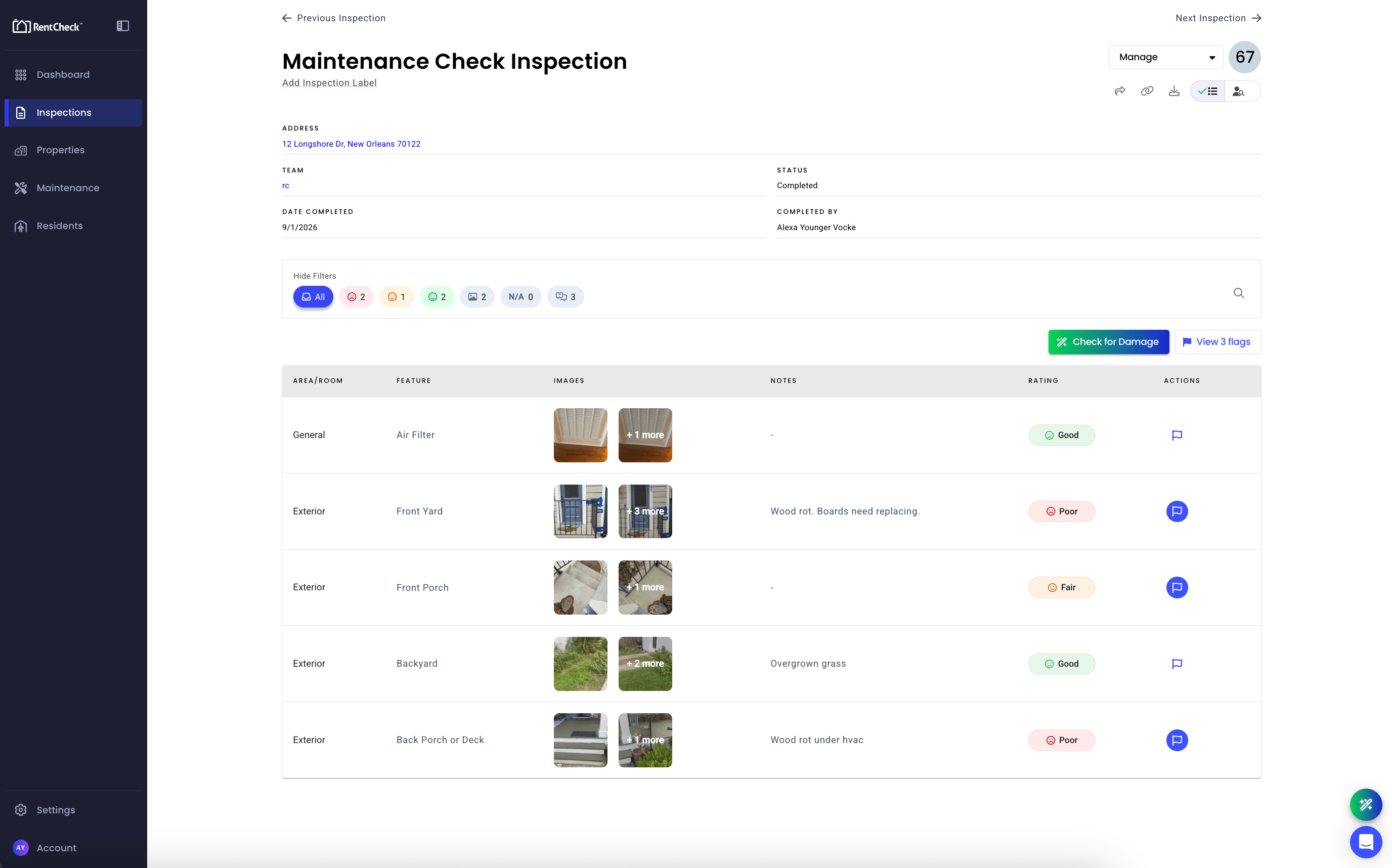 Flagging a maintenance issue during a RentCheck inspection