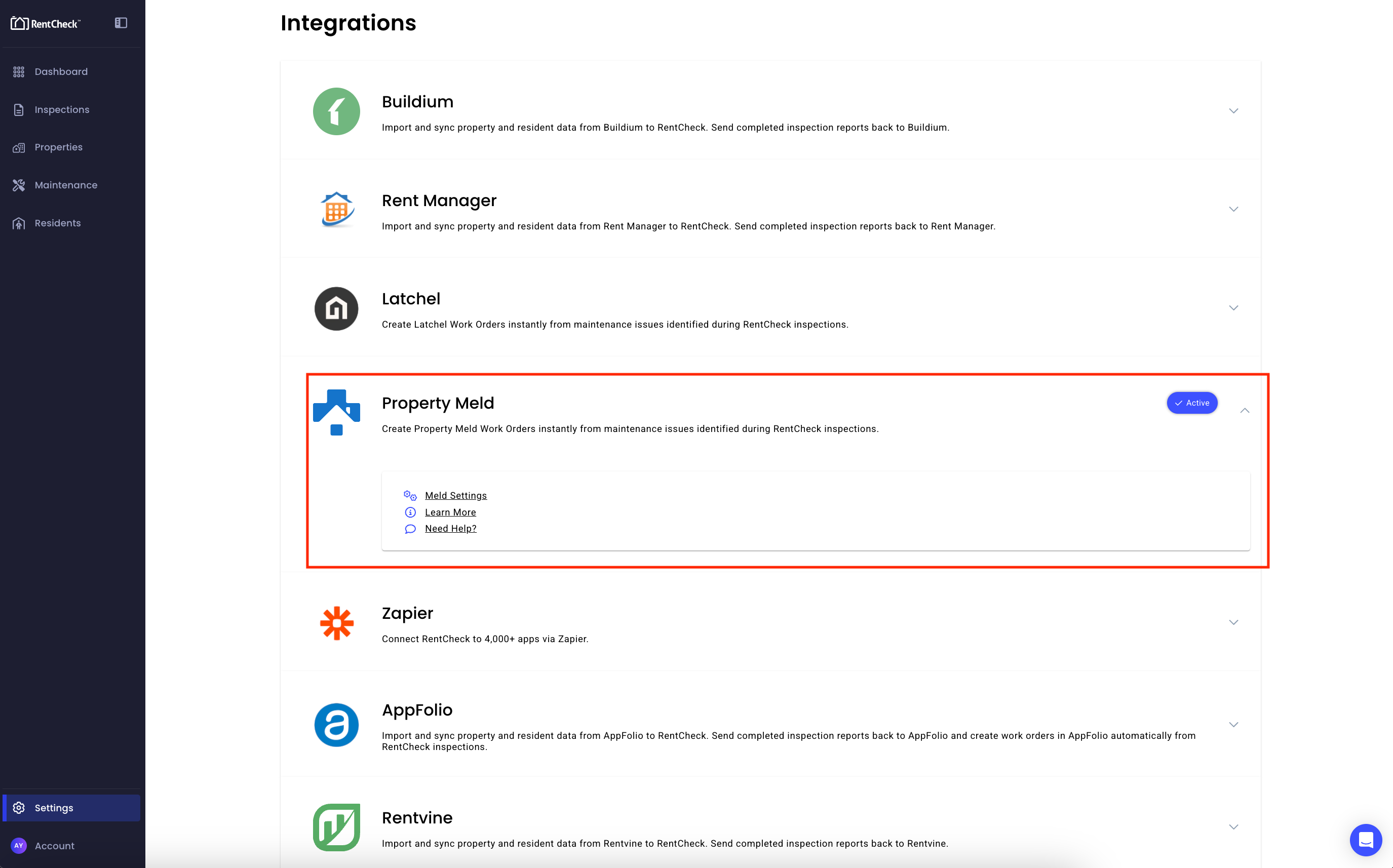 Connecting Property Meld API credentials in RentCheck settings