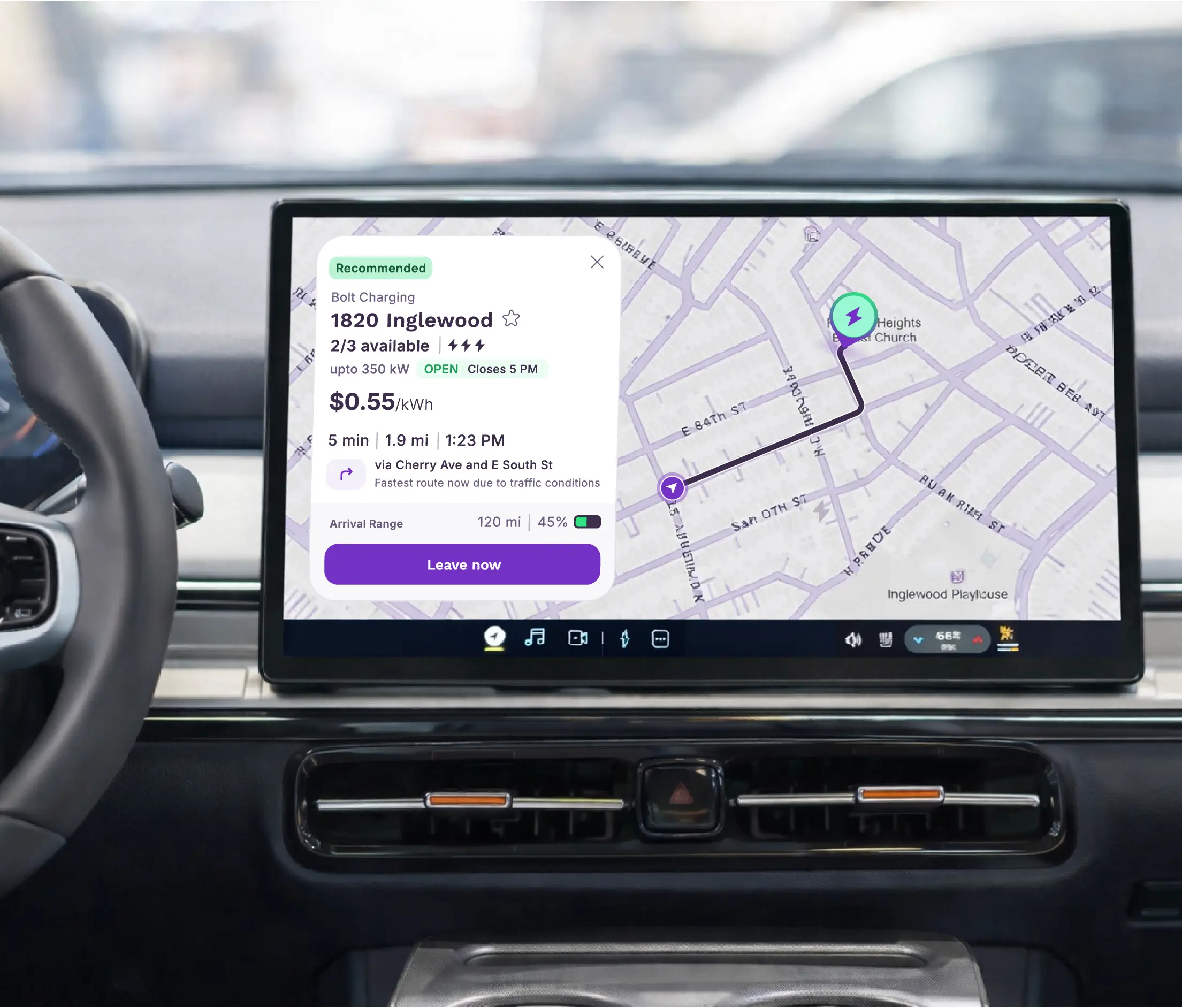 Mockup of the Presto app in an EV's  dashboard