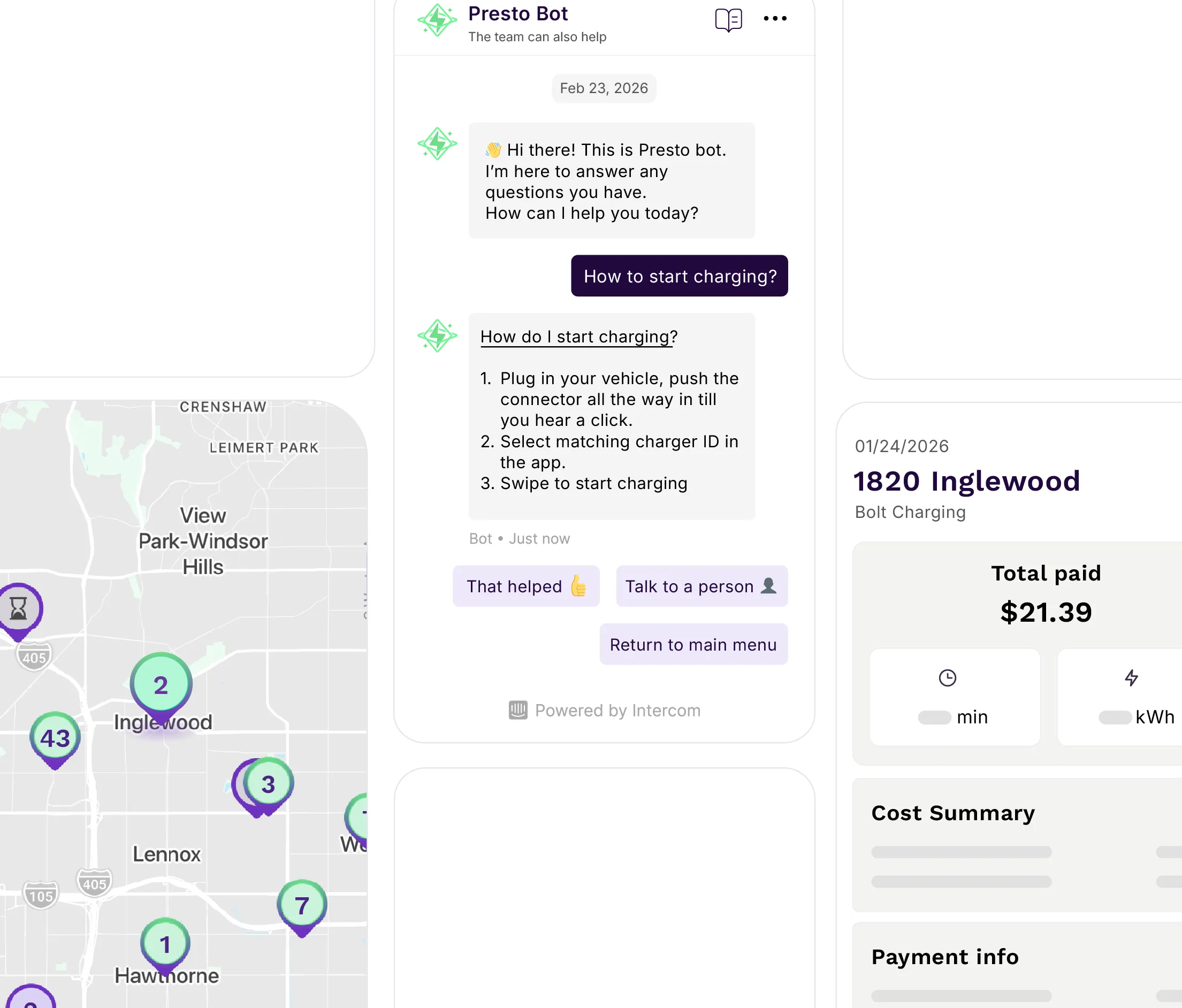 Illustration showing mockups of app screens from Presto - Map screen, support screen, receipt screen