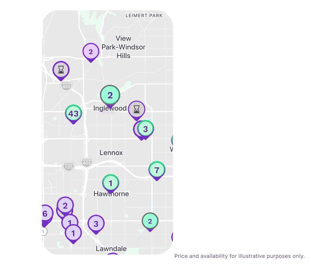 Map highlighting vehicle rental locations near Inglewood and Hawthorne, marked with numbered pins and hourglass icons indicating availability. Different charger cards being swiped