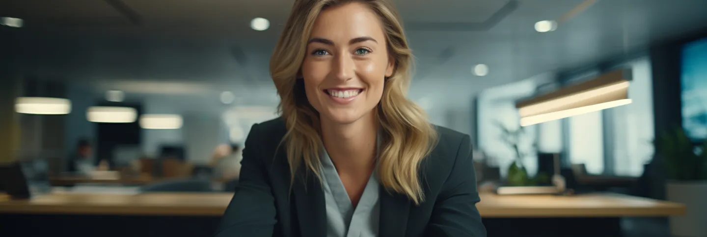Woman wearing a suit smiling at the camera.
