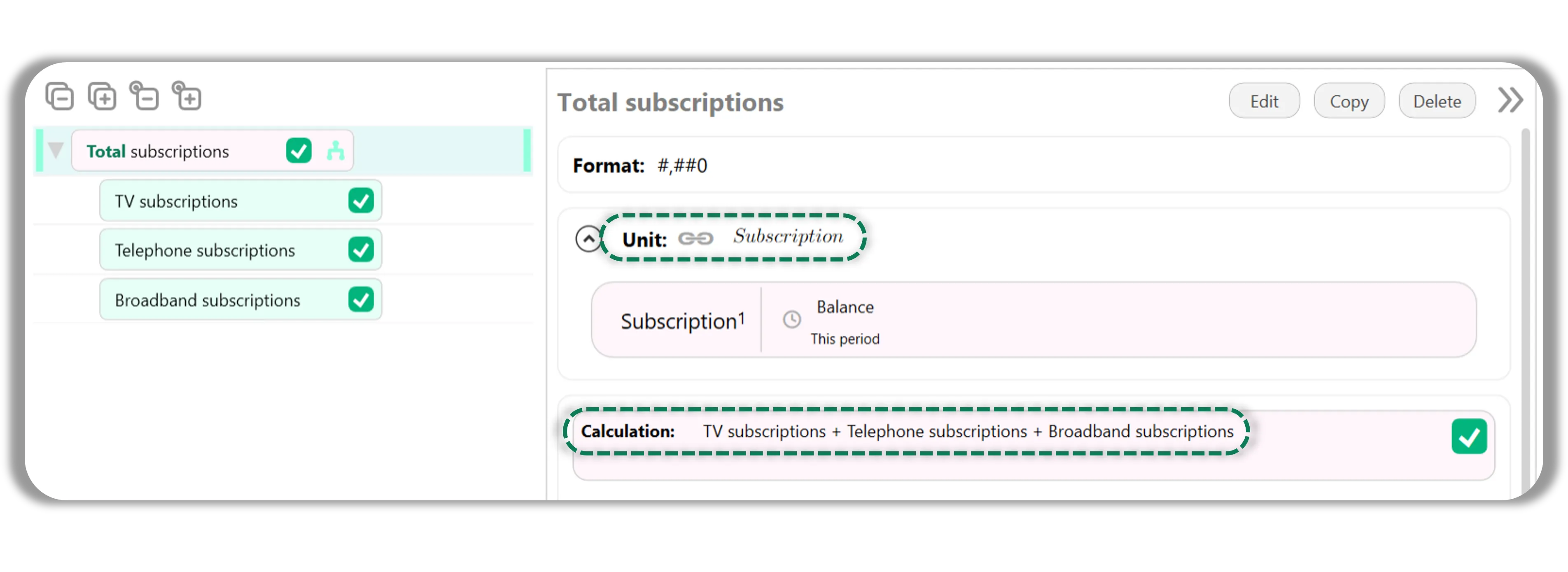 Screenshot of Models software, showing a calculation of "Total subscriptions = TV subscriptions + Telephone subscriptions + Broadband subscriptions", where the calculation results in a value of Unit = "Subscription"