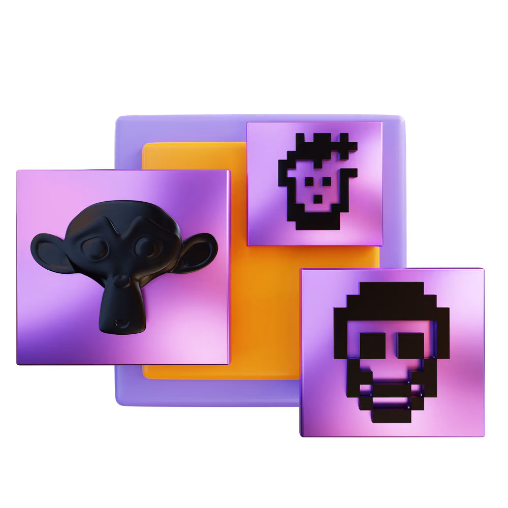 3D illustration of NFT collection cards with pixel art characters.