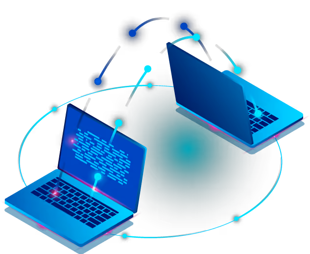 Illustration of two laptops connected by digital payment lines.