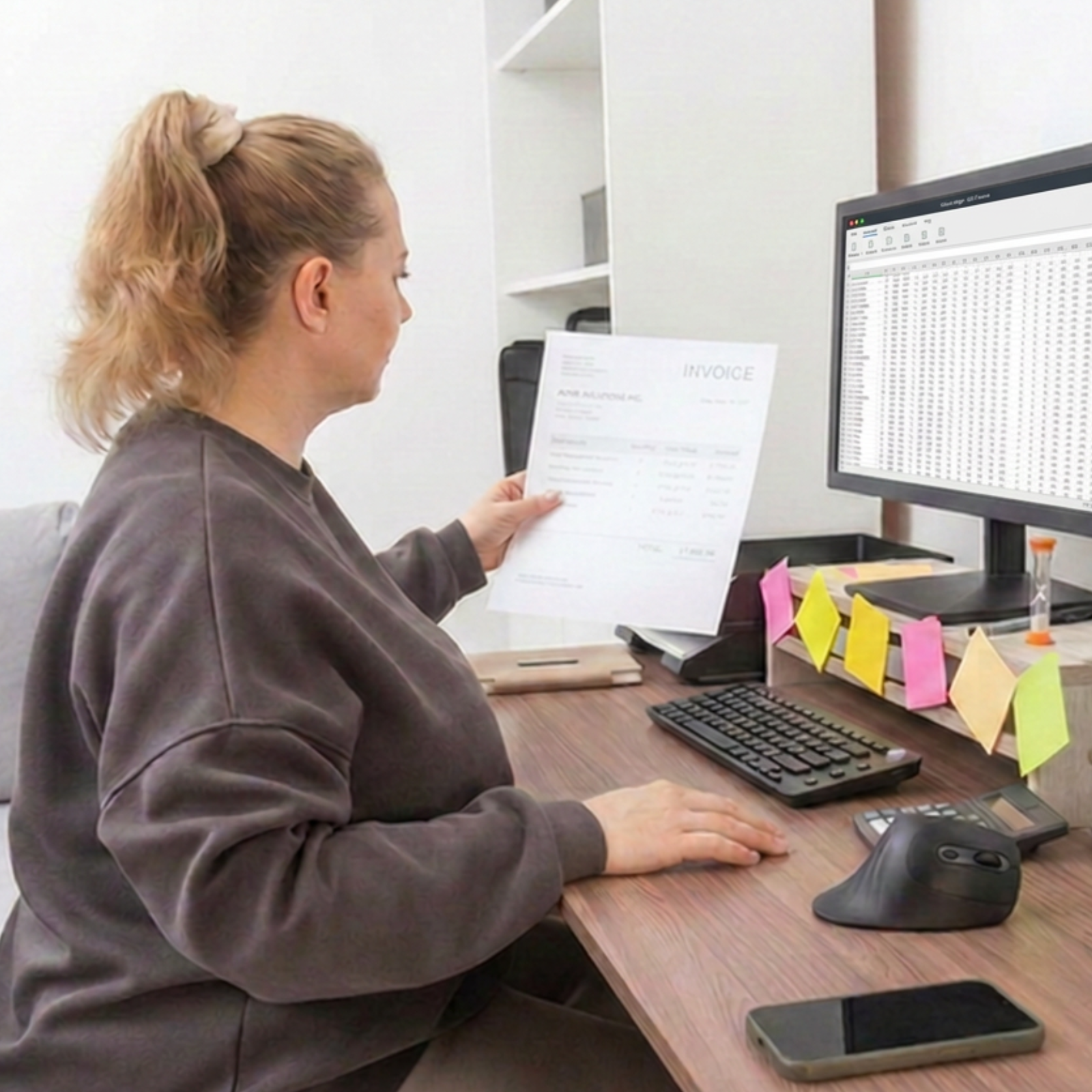 A woman sitting at a desk holding a paper document in her left hand and typing on the computer with her right hand