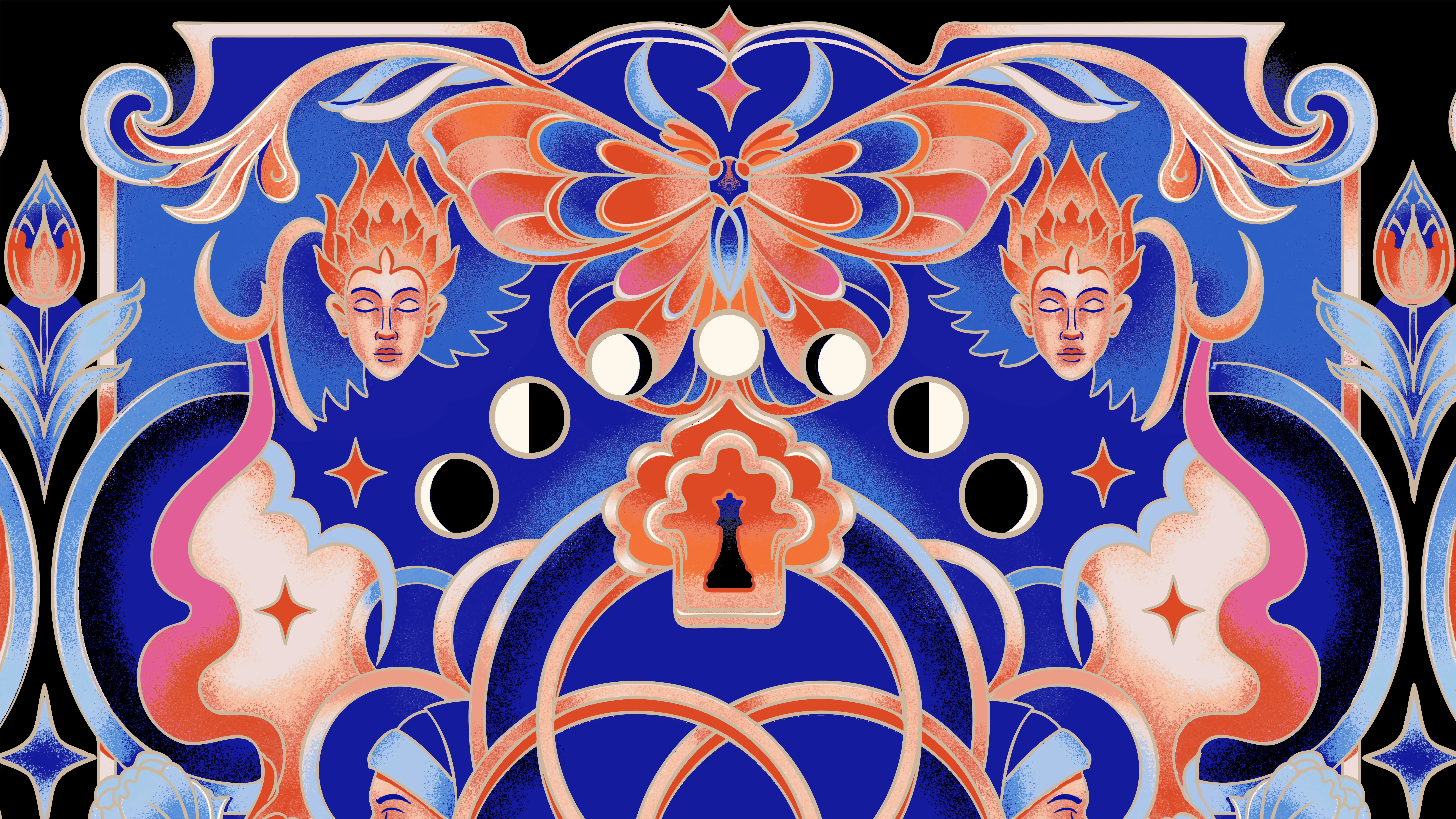 Close-up of the candle illustration focused on the moth, angels, moon phases, and the keyhole shaped like a queen chess piece