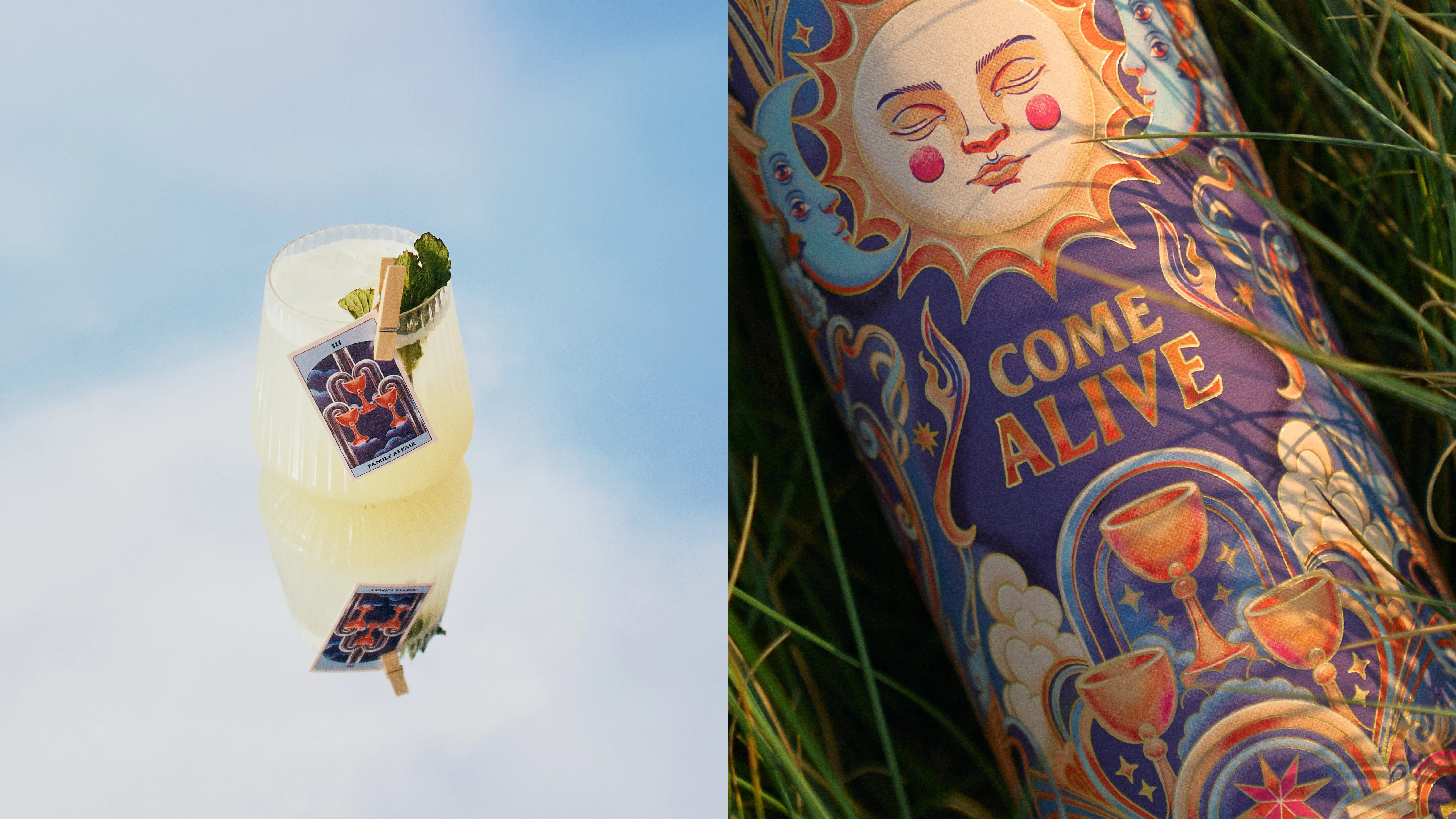 Left: Yellow-green cocktail in a glass cup with basil garnish and a Three of Cups tarot card clipped to the rim with a paper clip set on a reflective background showing blue, cloudy skies
Right: Close-up mage of the main body of the candle illustration at sunset surrounded by small pieces of grass