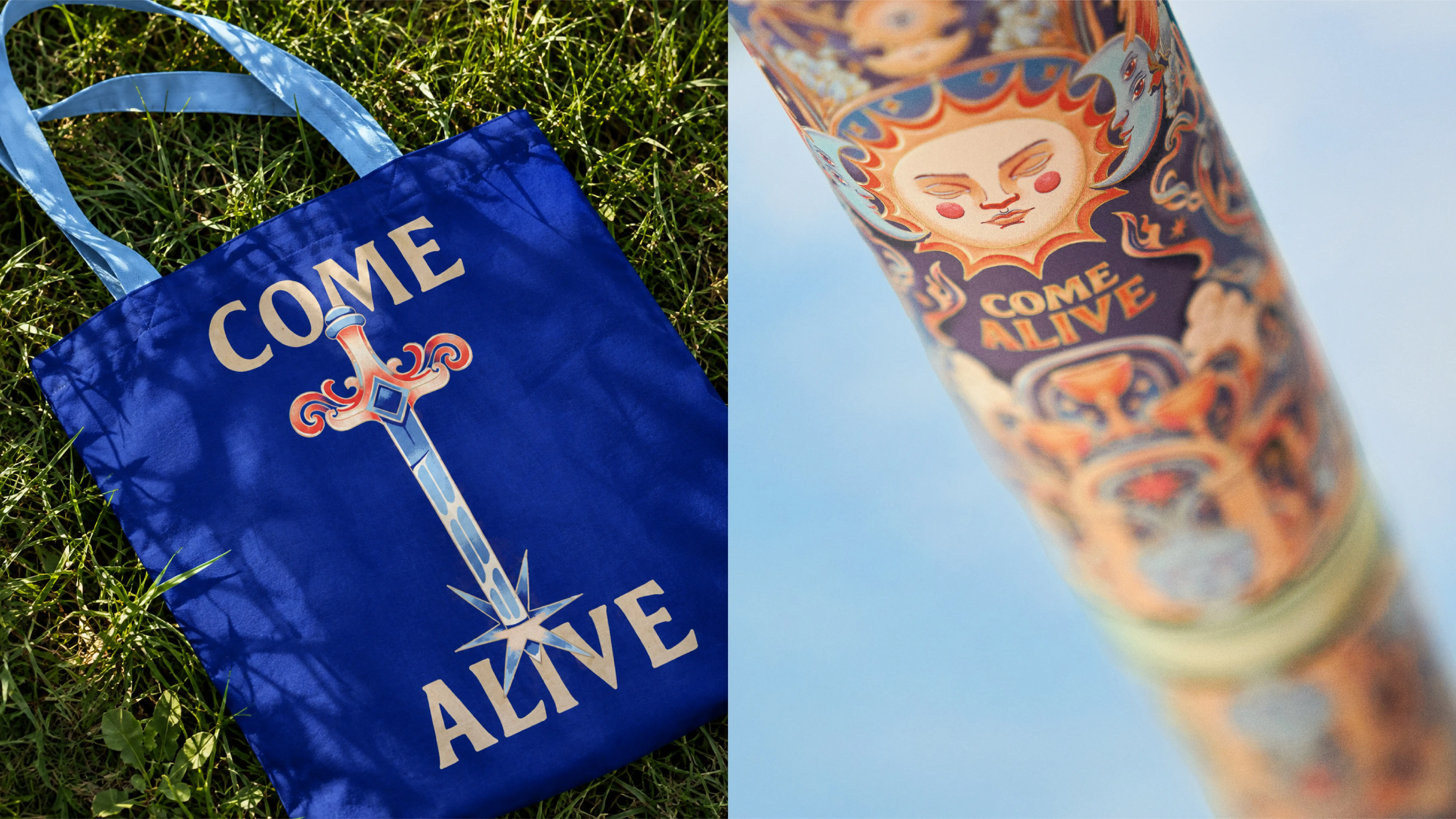 Left: A dark blue tote back with the words "come alive" and an illustration of the ace of swords from tarot cards is laid on a patch of green grass
Right: Angled image of the candle with just the sun and top part of the illustration in focus. Shown on a reflective blue-sky background