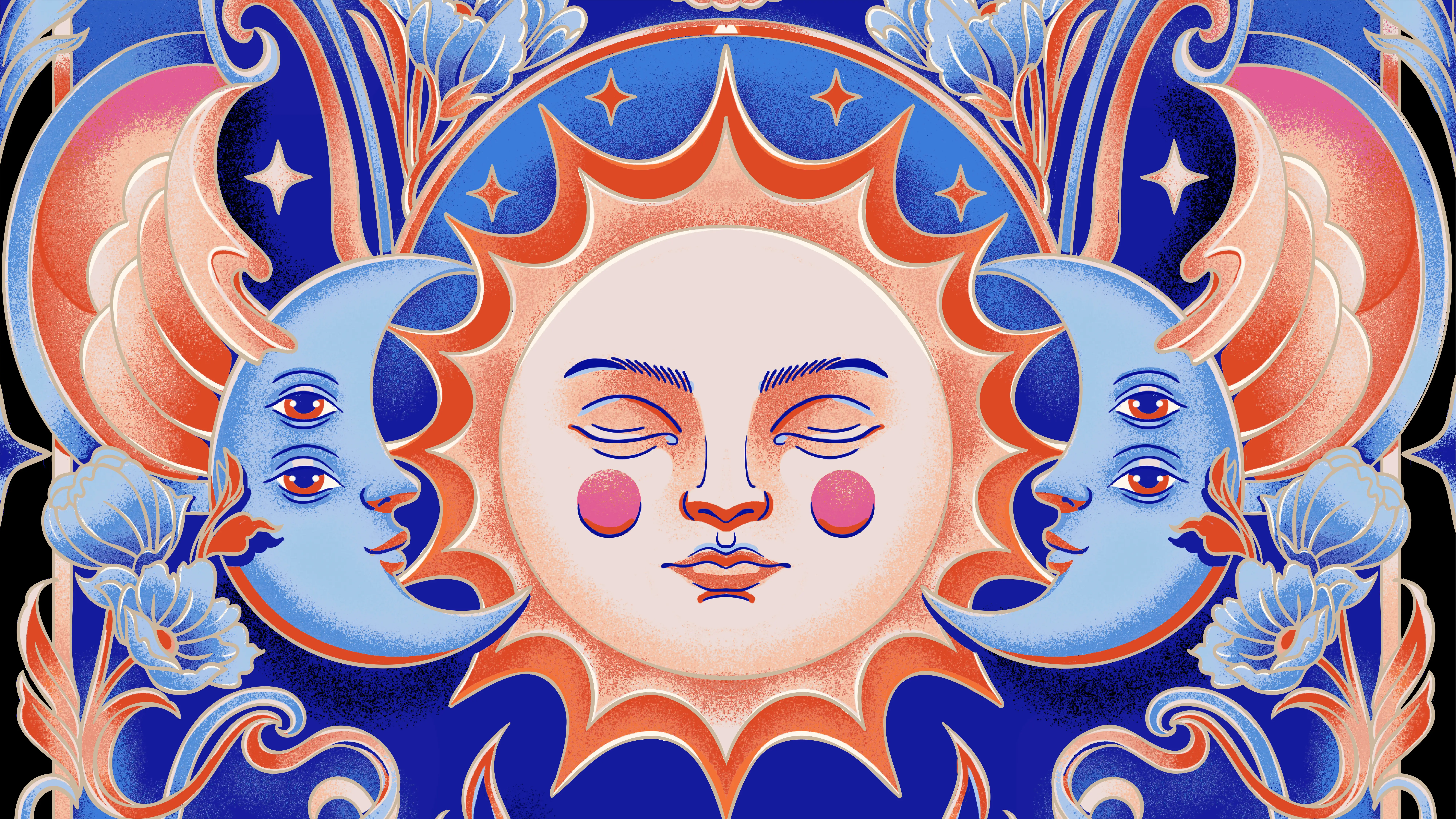 Close-Up detail shot of the candle illustration showing the sun, the two winged, double-eyed moons, and the blue anemone flowers