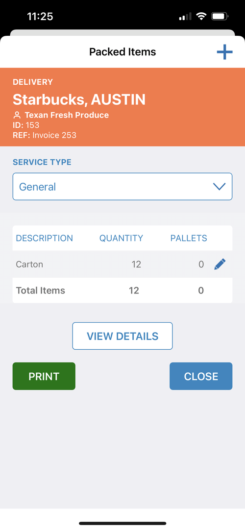 CartonCloud delivery screen