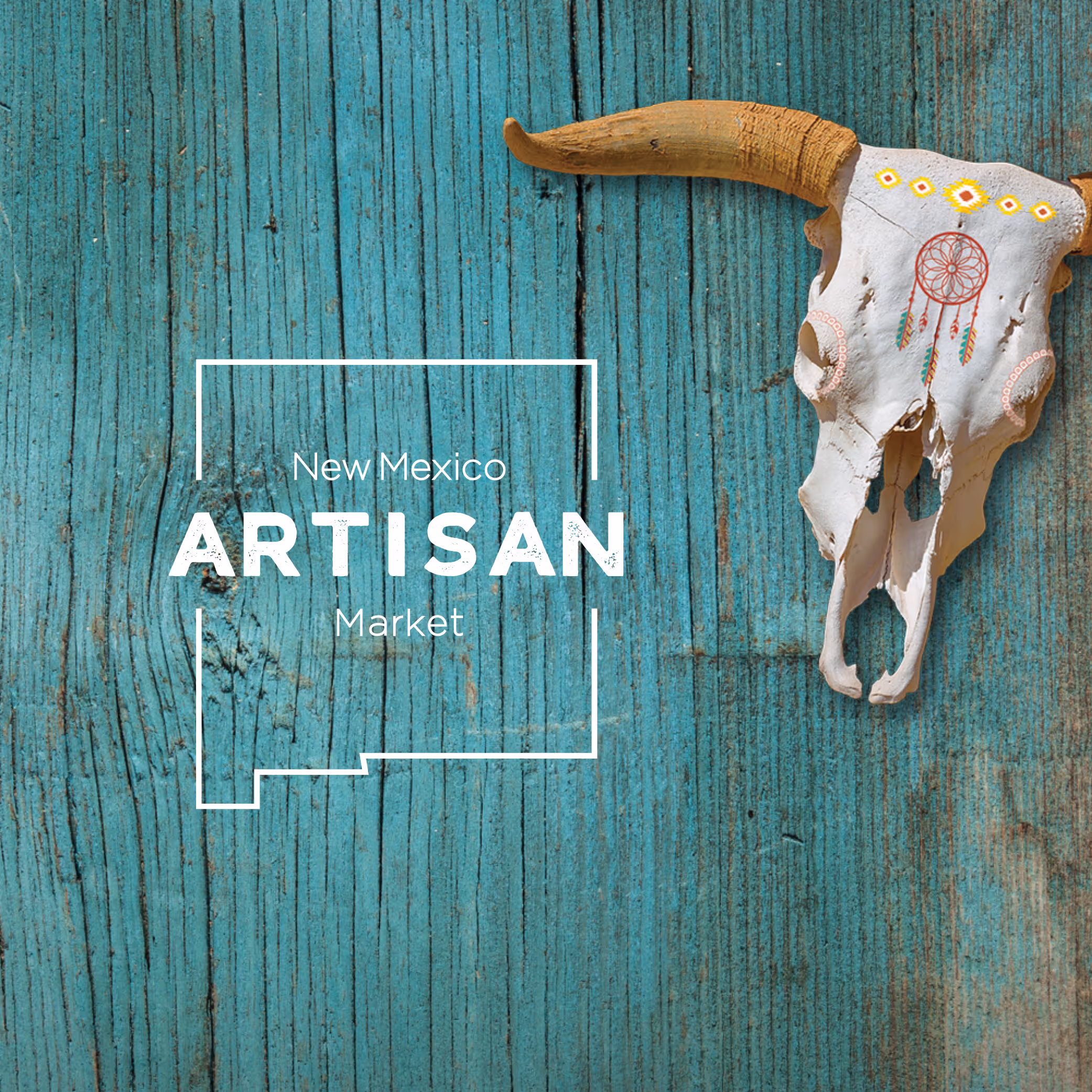 Graphic with wooden background and cow skull with New Mexico Artisan Market logo