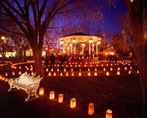 Old Town gazebo at night with lit luminarias
