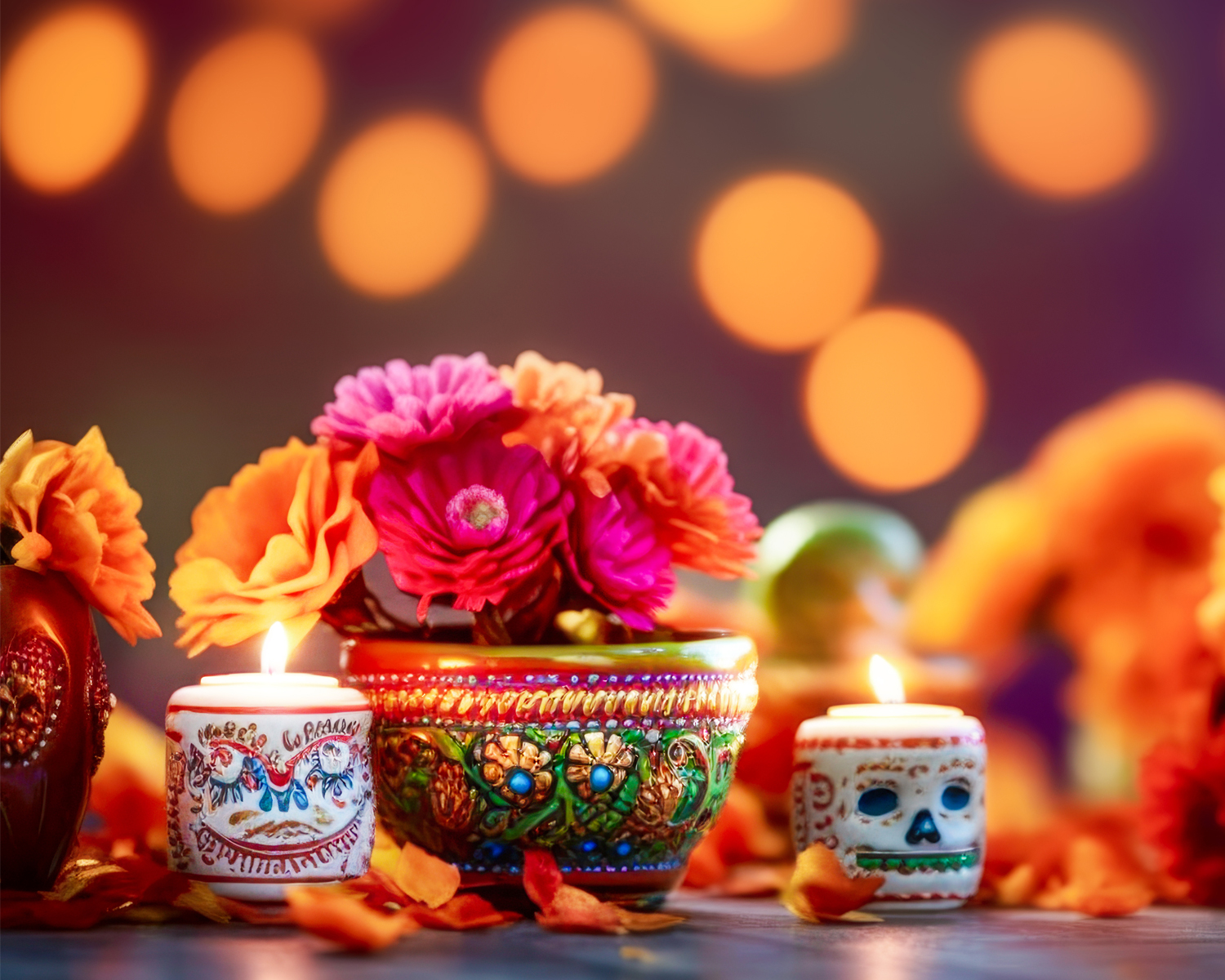 yellow and pink flowers in colorful vases with small Day of The Dead skull and candles