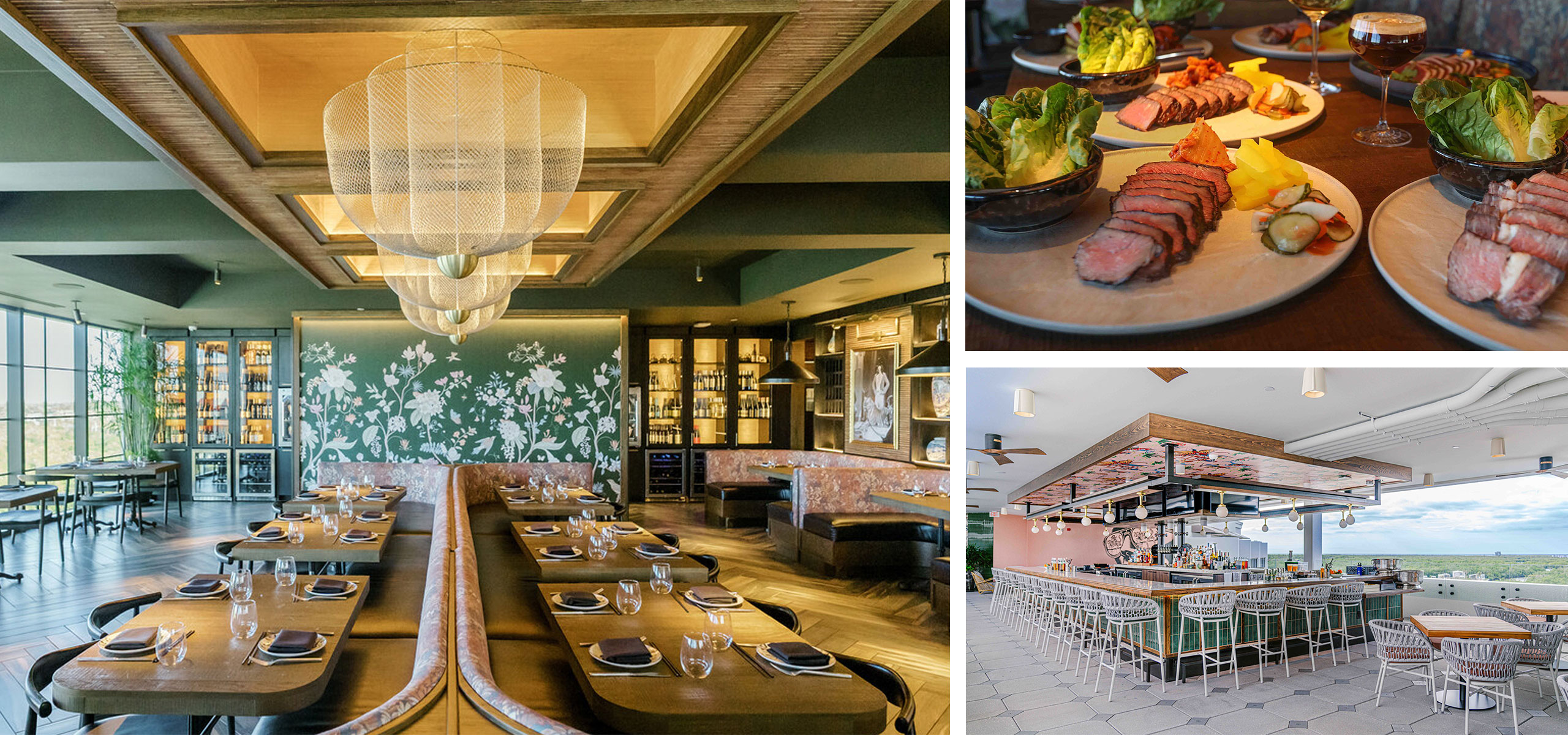 A restaurant dining room features tables beside floor-to-ceiling windows with views of greenery. Booth seating and floral wall art decorate the modern interior. A restaurant table is set with multiple plated meat dishes, lettuce wraps, pickled vegetables, and cocktails. Several place settings and upholstered booth seating create a warm dining atmosphere. A rooftop bar features a long marble counter with woven barstools and nearby dining tables. Open sides provide expansive views over the surrounding landscape.