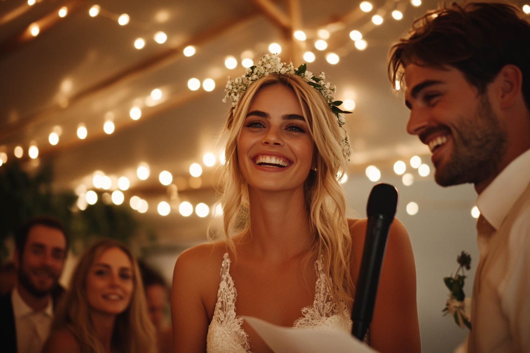 Person hält eine bewegende Hochzeitsrede vor Brautpaar und Gästen bei der Feier