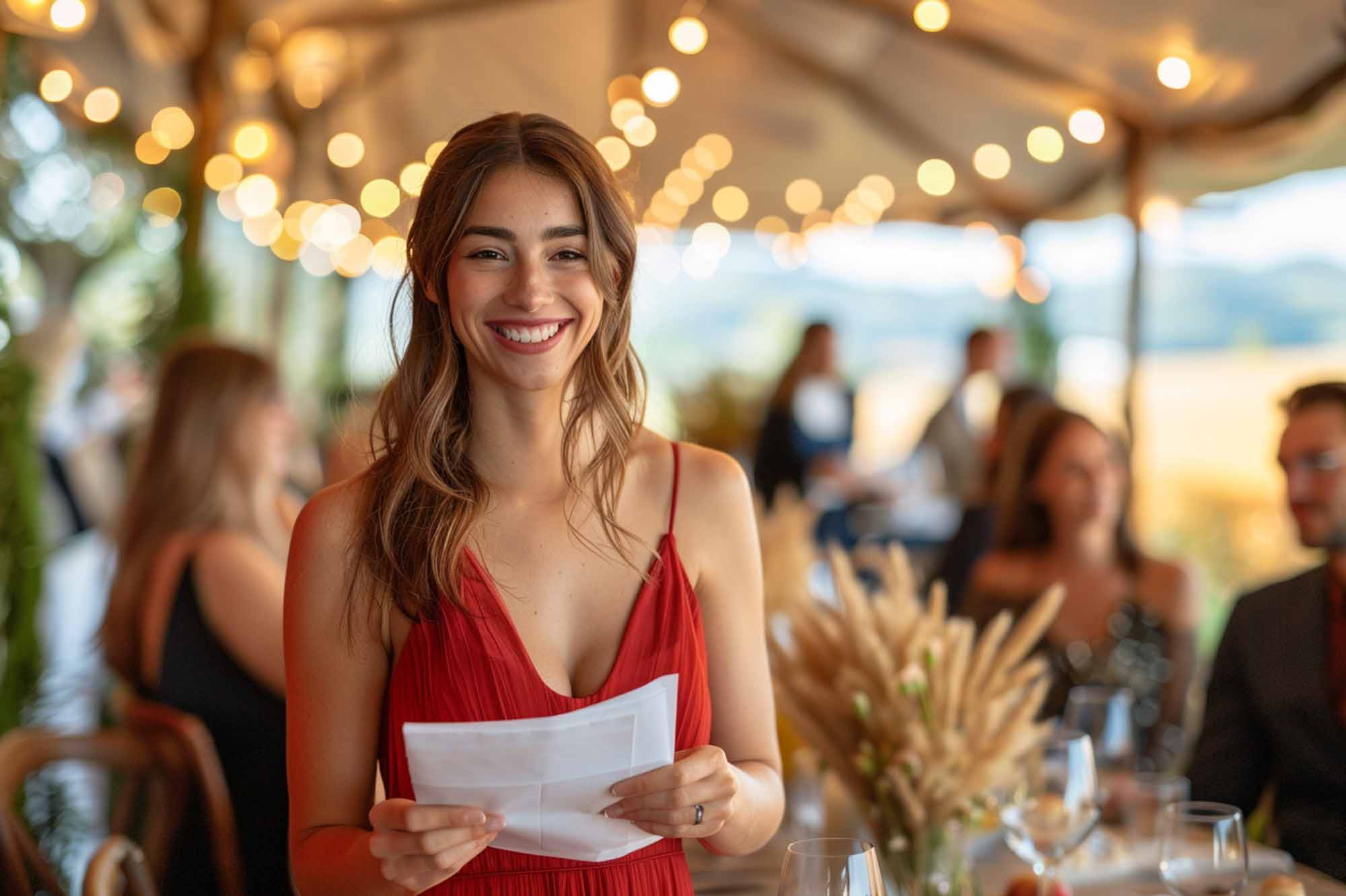 Trauzeugin im roten Kleid hält kurze Hochzeitsrede vor dem Brautpaar und Gästen