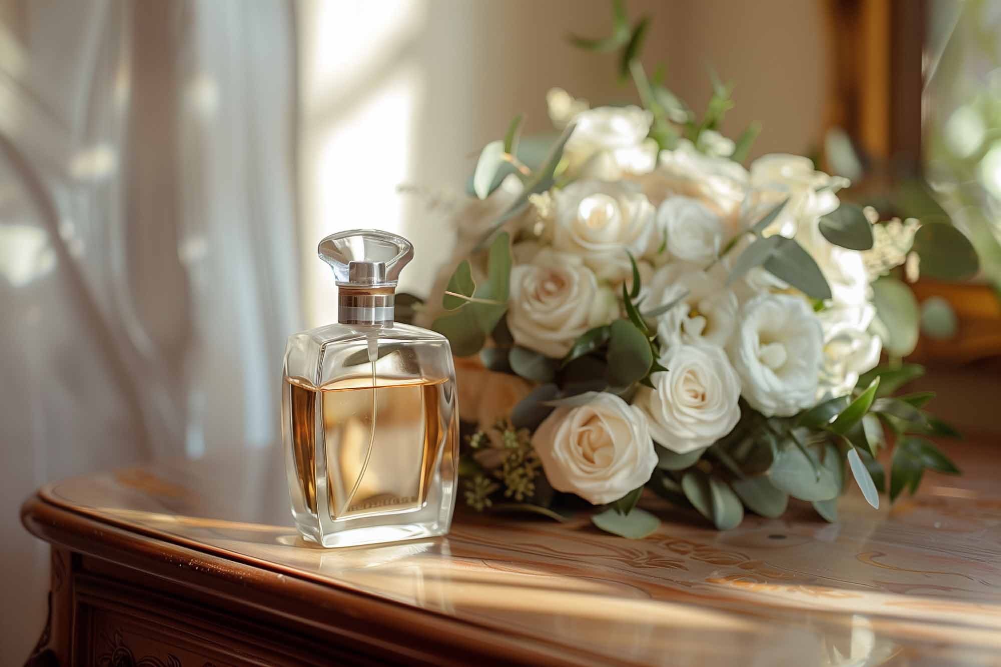 Elegantes Hochzeitsparfum neben Brautstrauß als perfekter Duft für die Hochzeit