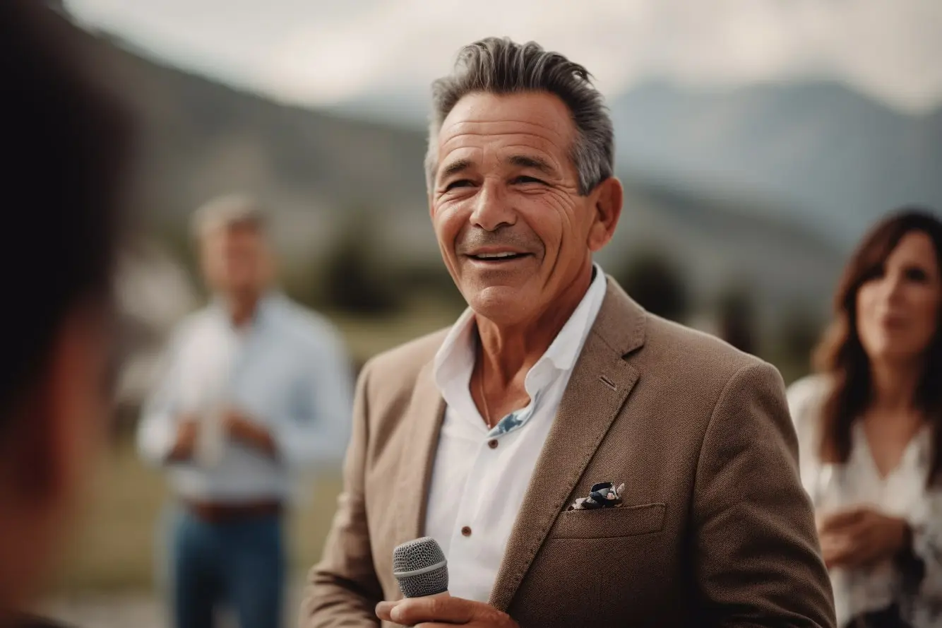 Brautvater hält Hochzeitsrede bei Bergkulisse in den Alpen vor Hochzeitsgesellschaft