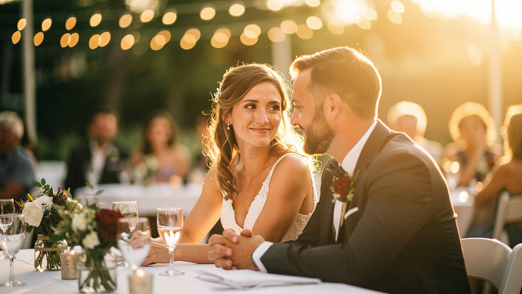 Brautpaar hoert geruehrt ein personalisiertes Hochzeitslied bei der Feier