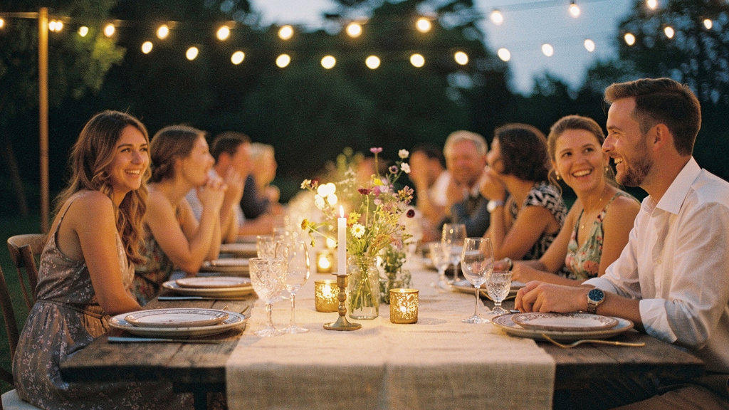 Lange rustikale Hochzeitstafel unter Lichterketten im Freien