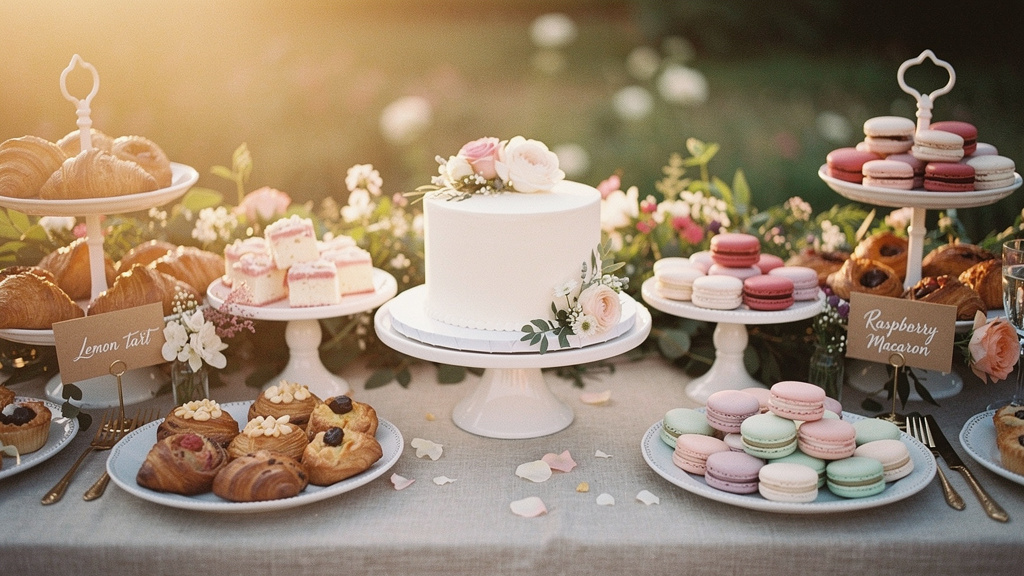 Kreatives Hochzeitsdessert-Buffet mit Macarons und individuellen Beschriftungen