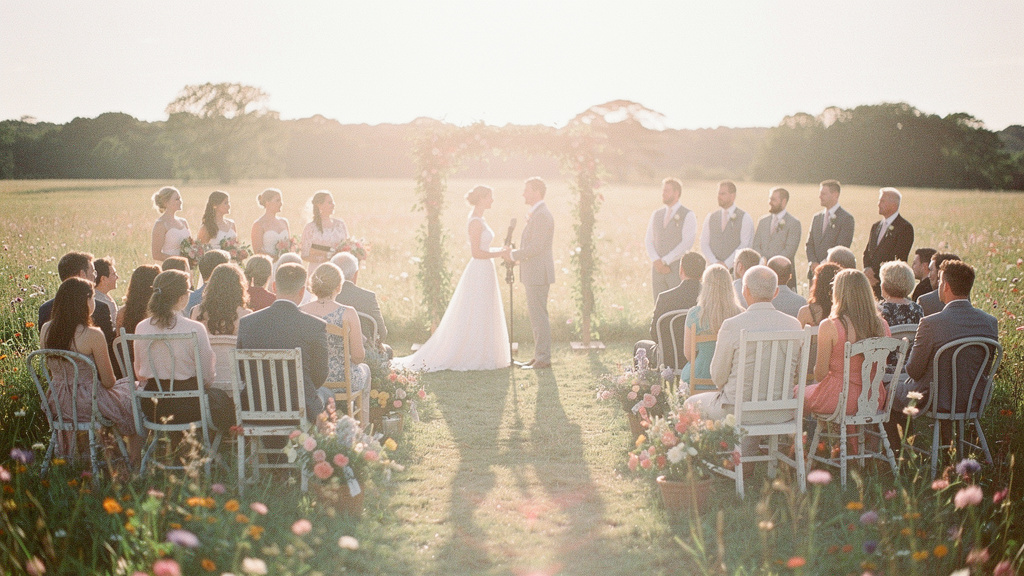 Intime Slow Wedding Zeremonie auf einer Wiese bei Sonnenuntergang