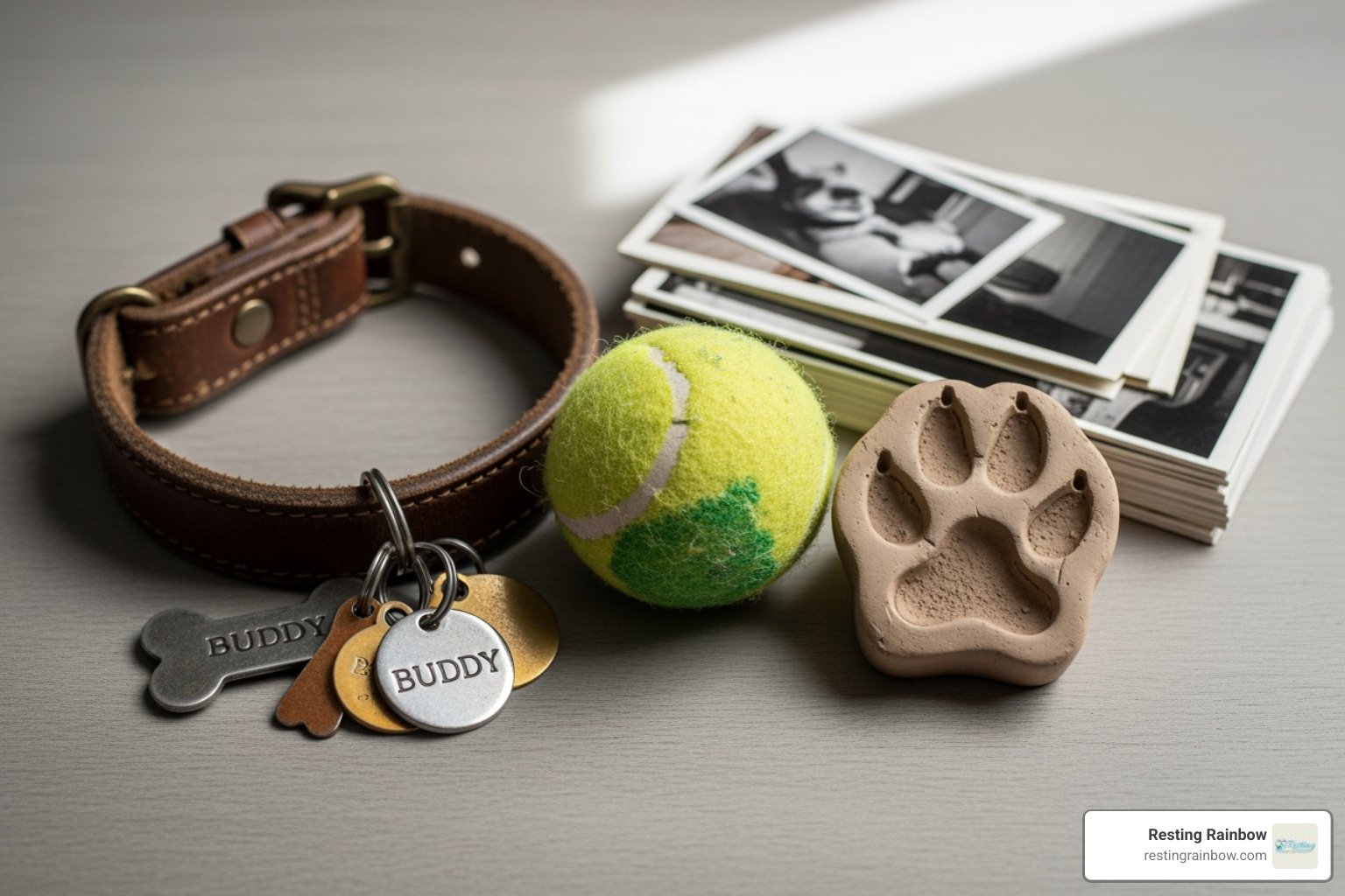 A collection of items ready to be placed in a memory box: a collar with tags, a favorite chewed-up tennis ball, a clay paw print, and a stack of photos. - memory boxes for dogs