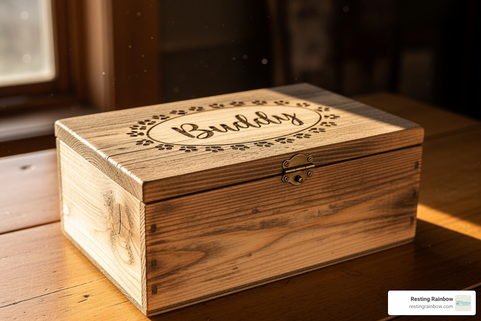 A rustic, personalized wooden memory box with a dog's name engraved on it, sitting in a sunlit spot. - memory boxes for dogs