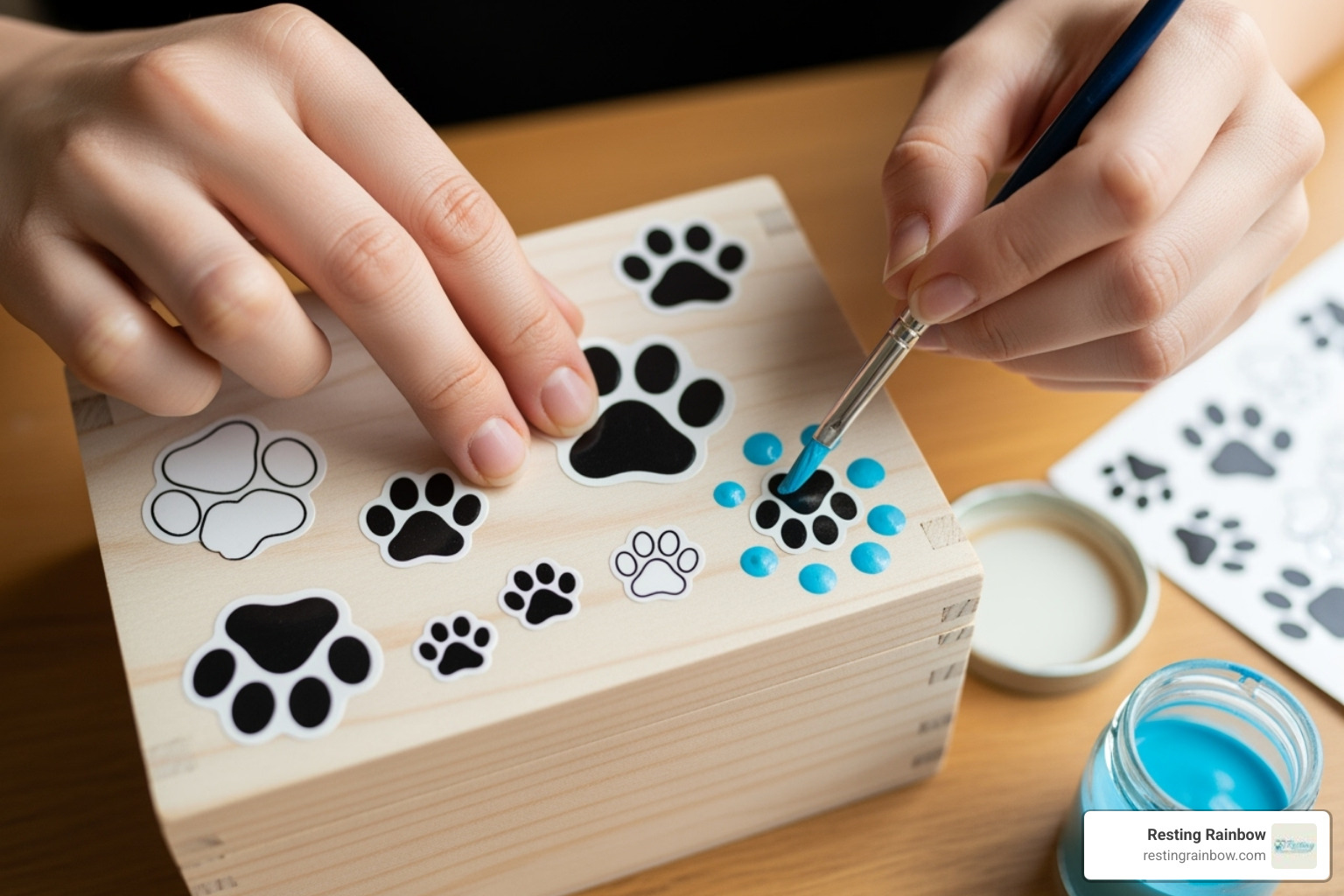 A person's hands decorating a plain wooden box with paw print stickers and paint, customizing it into a pet memory box. - memory boxes for dogs