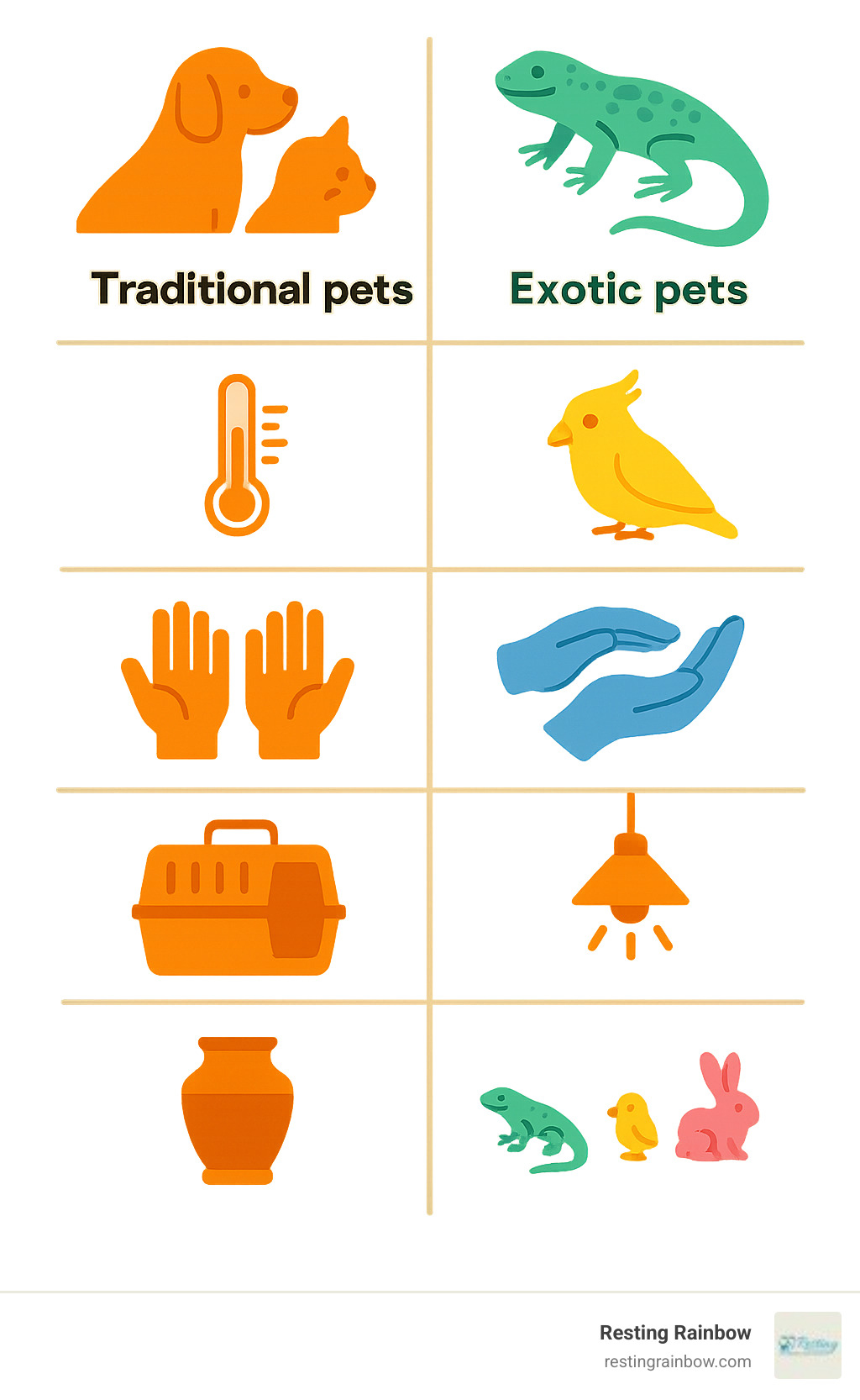 Infographic explaining the key differences in aftercare needs between traditional pets (dogs/cats) and exotic pets (reptiles, birds, small mammals), including temperature requirements, handling procedures, equipment needs, and expected ash volumes for various species like reptiles, birds, and small mammals - pet cremation for exotic pets infographic 
