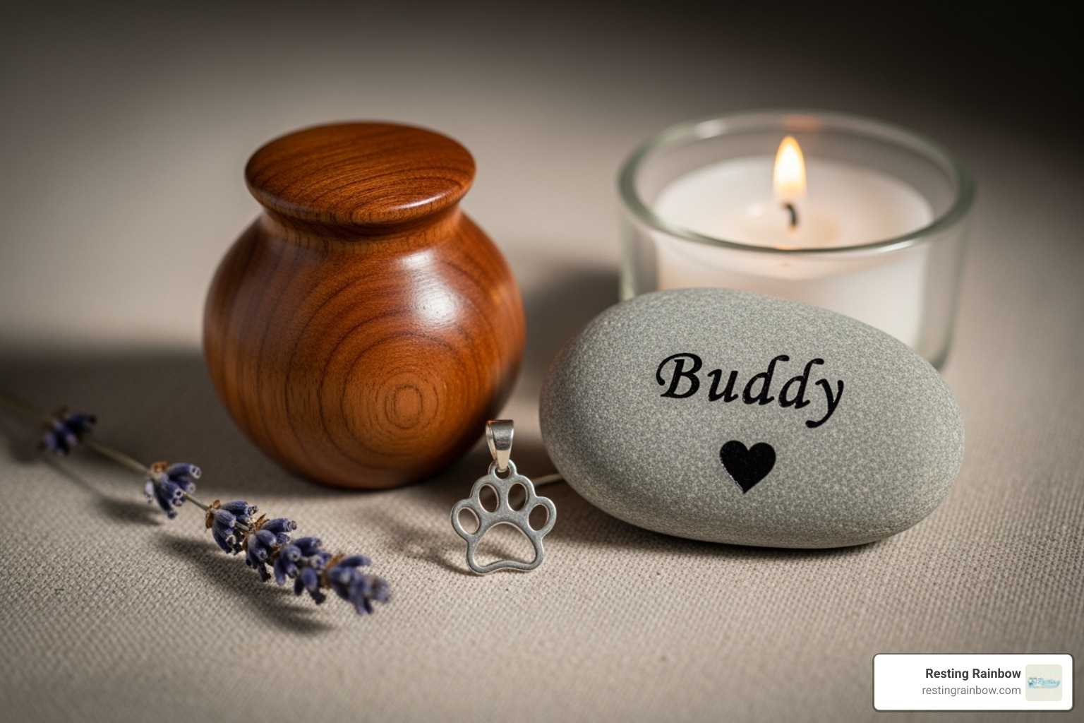Collection of neat memorial items including a small wooden urn, cremation jewelry pendant, and engraved memorial stone arranged on a soft surface - pet cremation for exotic pets