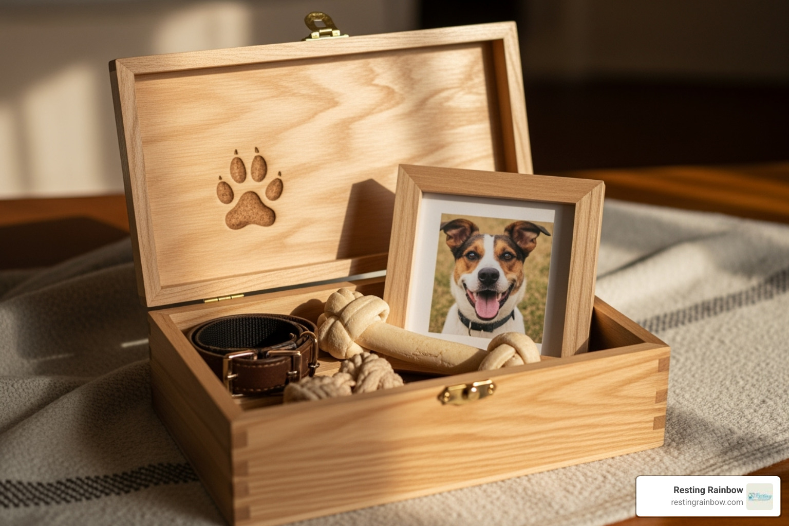 Infographic showing the emotional journey of creating a dog memory box: from selecting meaningful items like collars and toys, to the healing process of preserving memories, to finding comfort in revisiting these treasured keepsakes over time - memory boxes for dogs infographic