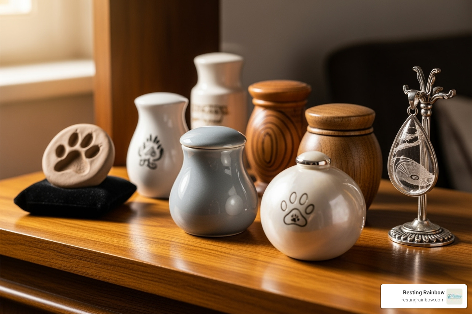 A neat display of various pet urns, a clay paw print, and a piece of cremation jewelry on a wooden shelf. - 24 hour pet cremation Dallas