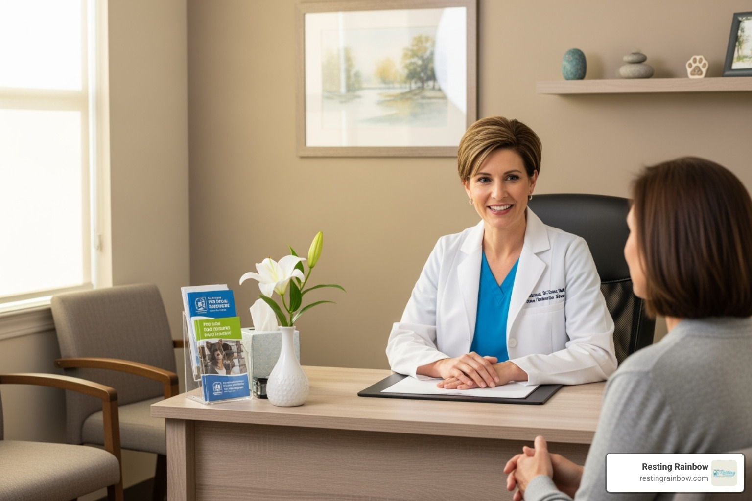 A compassionate pet aftercare professional in a clean, welcoming office, speaking kindly with a client. - 24 hour pet cremation Dallas