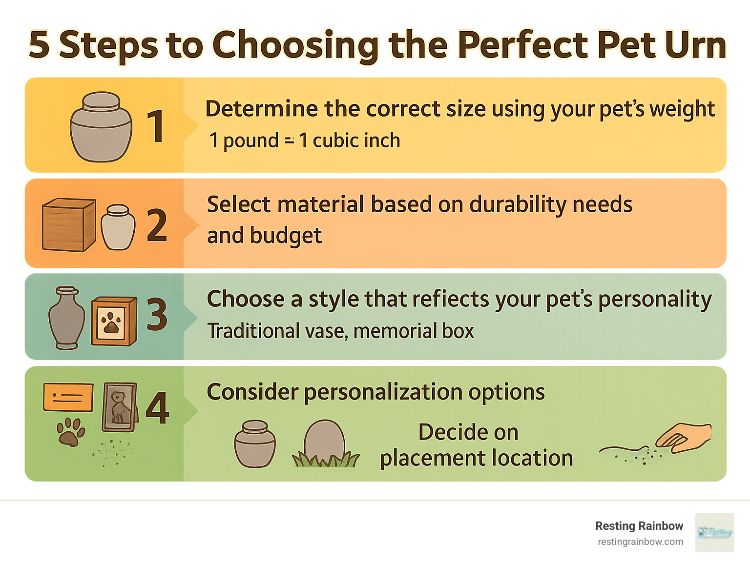Infographic showing the 5 steps to choosing the perfect pet urn: Step 1 - Determine the correct size using your pet's weight (1 pound = 1 cubic inch), Step 2 - Select material based on durability needs and budget (wood, metal, ceramic, or biodegradable options), Step 3 - Choose a style that reflects your pet's personality (traditional vase, memorial box, photo frame, or figurine design), Step 4 - Consider personalization options like engraving, photo etching, or paw print impressions, Step 5 - Decide on placement location (indoor display, outdoor memorial, or scattering) - animal urns near me infographic 