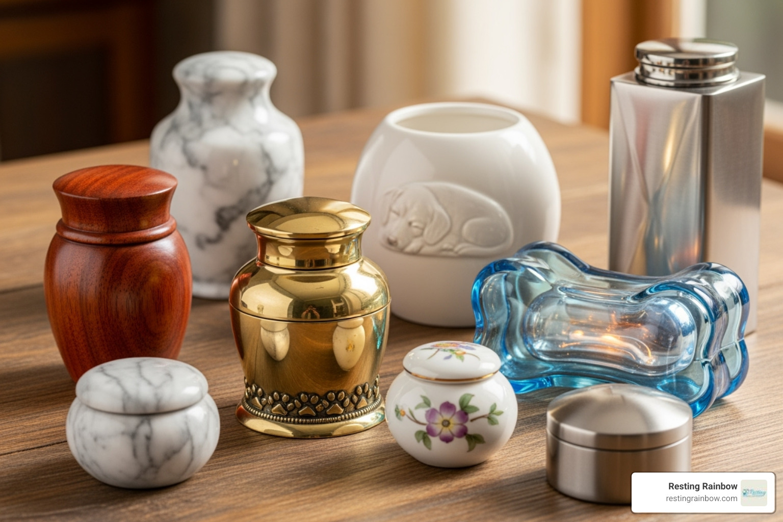 A collection of dog keepsake urns made from wood, brass, ceramic, and glass, highlighting the variety of materials and finishes available. - keepsake urns for dogs A collection of dog keepsake urns made from wood, brass, ceramic, and glass, highlighting the variety of materials and finishes available. - keepsake urns for dogs