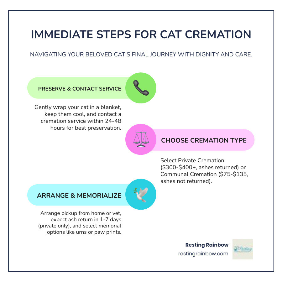 Infographic showing step-by-step process for cat cremation: 1) Contact cremation service within 24-48 hours, 2) Choose between private cremation ($300-400+) or communal cremation ($75-135), 3) Arrange pickup from home or vet clinic, 4) Receive ashes back in 1-7 days (private only), 5) Select memorial options like urns or paw prints - cats cremation near me infographic infographic-line-3-steps-colors Infographic showing step-by-step process for cat cremation: 1) Contact cremation service within 24-48 hours, 2) Choose between private cremation ($300-400+) or communal cremation ($75-135), 3) Arrange pickup from home or vet clinic, 4) Receive ashes back in 1-7 days (private only), 5) Select memorial options like urns or paw prints - cats cremation near me infographic infographic-line-3-steps-colors