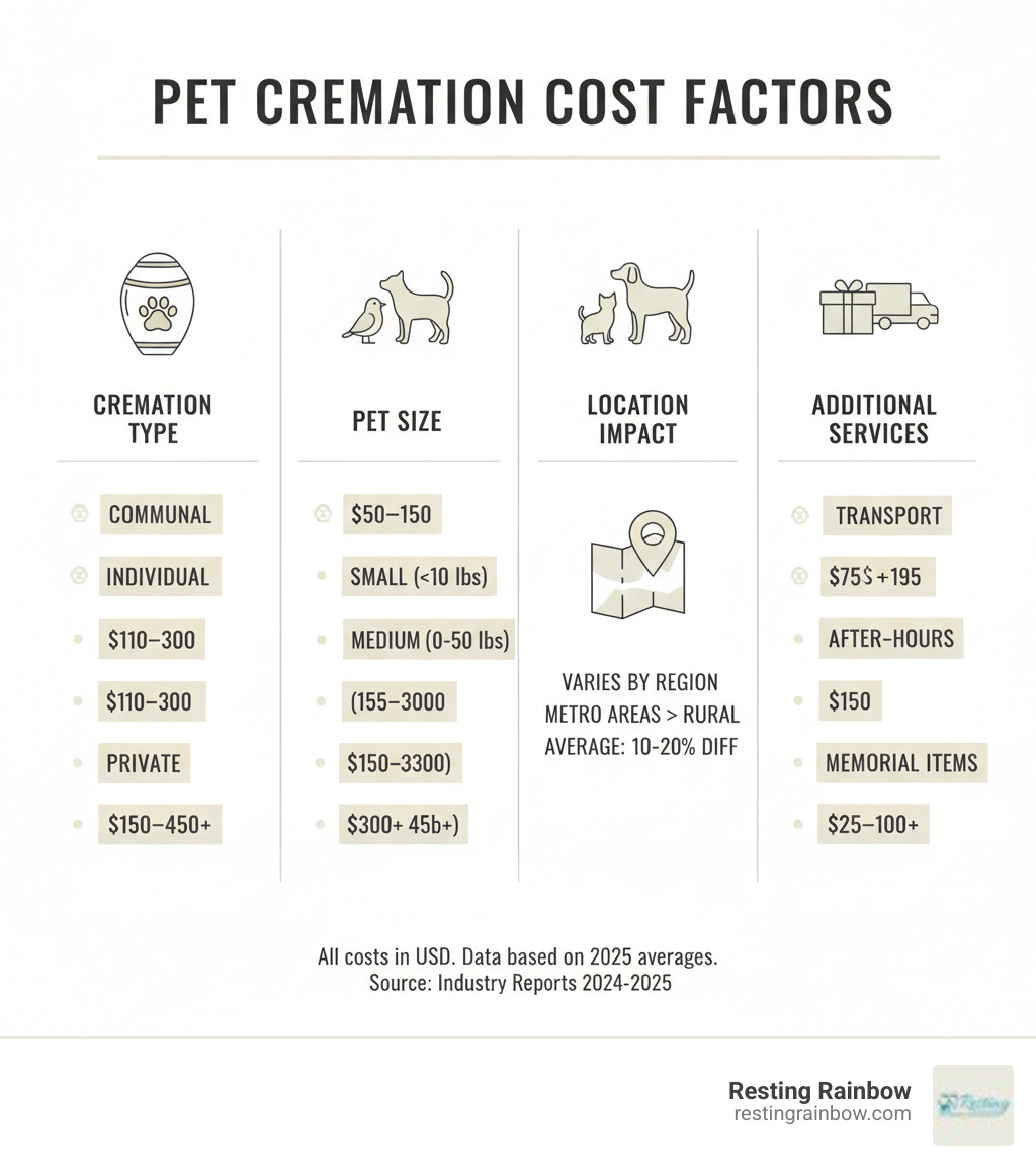 Detailed breakdown of pet cremation cost factors including cremation type, pet size categories, geographic location impact, and additional service fees with specific price ranges for each category - pet cremation cost infographic Detailed breakdown of pet cremation cost factors including cremation type, pet size categories, geographic location impact, and additional service fees with specific price ranges for each category - pet cremation cost infographic