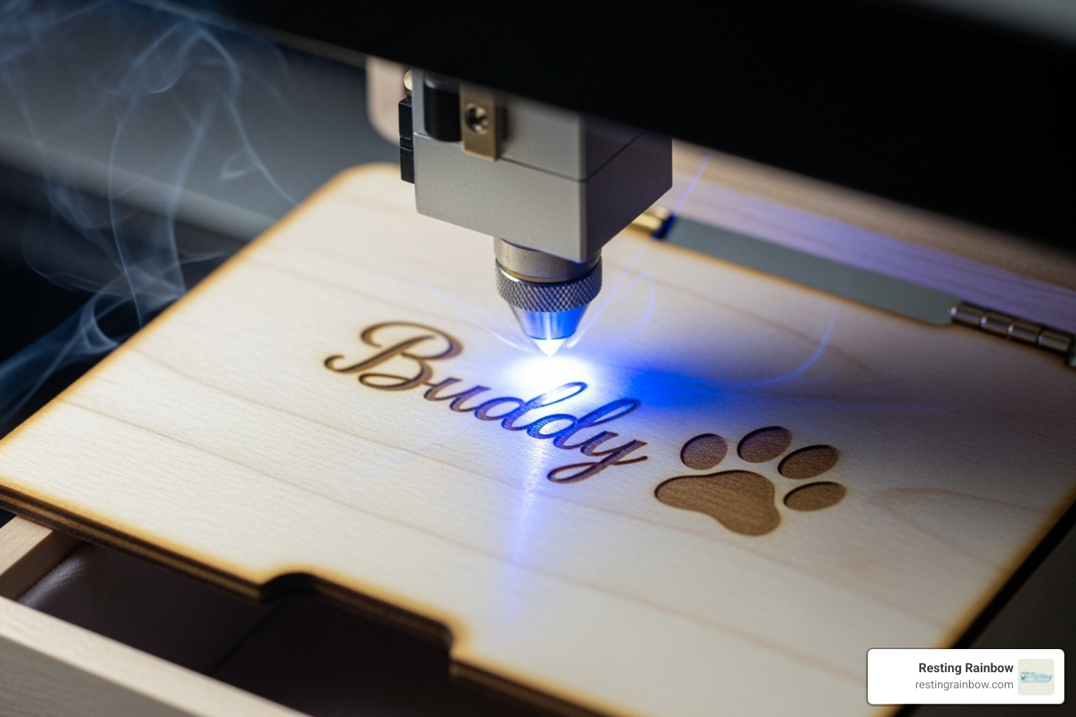Close-up of laser engraving a pet's name and paw print onto a wooden memory box Close-up of laser engraving a pet's name and paw print onto a wooden memory box