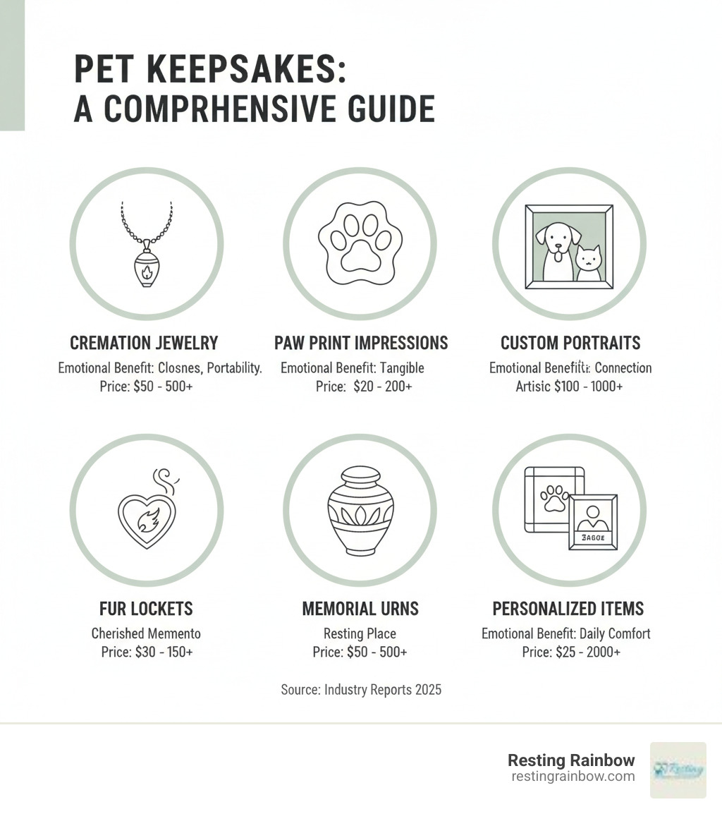 Comprehensive guide showing different types of pet keepsakes including cremation jewelry, paw print impressions, custom portraits, fur lockets, memorial urns, and personalized items with their emotional benefits and typical price ranges - pet keepsakes infographic Comprehensive guide showing different types of pet keepsakes including cremation jewelry, paw print impressions, custom portraits, fur lockets, memorial urns, and personalized items with their emotional benefits and typical price ranges - pet keepsakes infographic