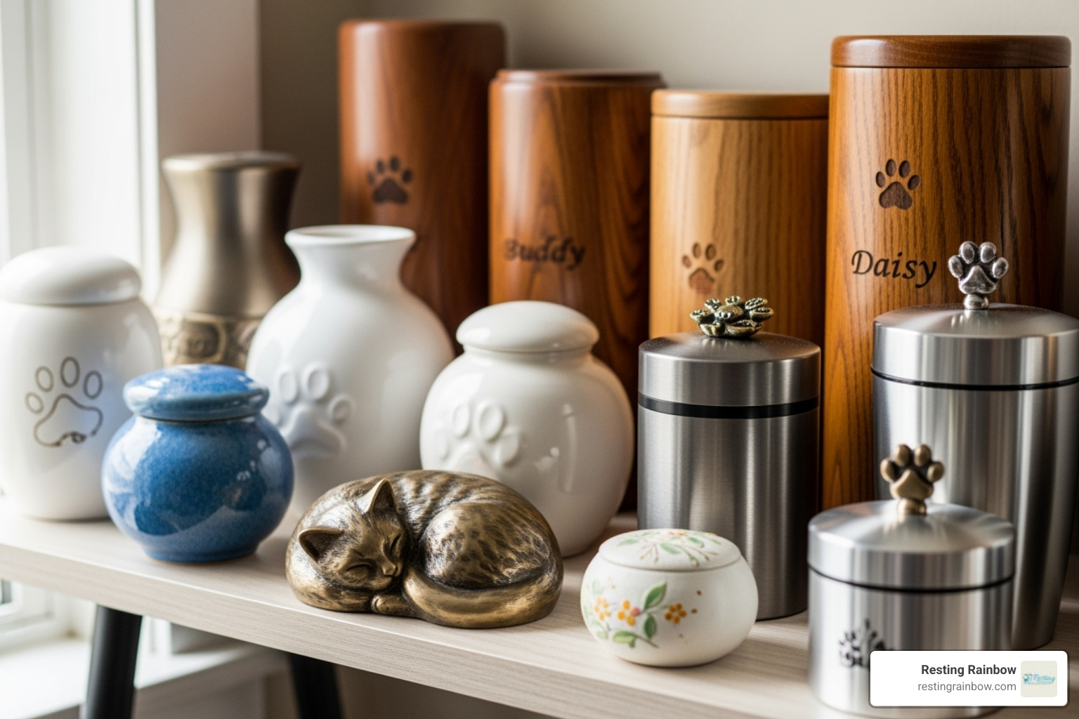 A collection of various pet urns, including wooden, ceramic, and metal designs, on a shelf. - pet cremation dallas A collection of various pet urns, including wooden, ceramic, and metal designs, on a shelf. - pet cremation dallas