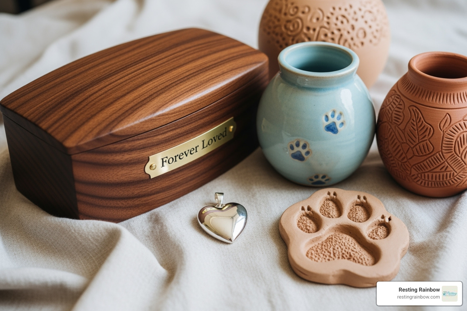 A collection of beautiful wooden and ceramic pet urns, a silver memorial pendant, and a detailed clay paw print displayed on a soft cloth. - cats cremation near me