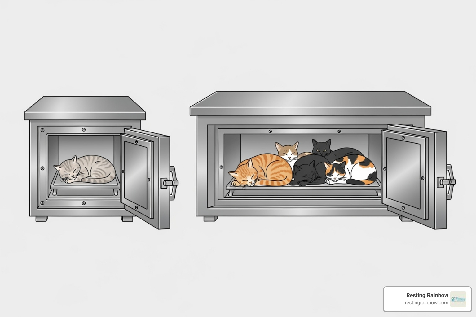 Illustration showing the difference between a private cremation chamber (one cat) and a communal chamber (multiple cats). - cremation for cats cost