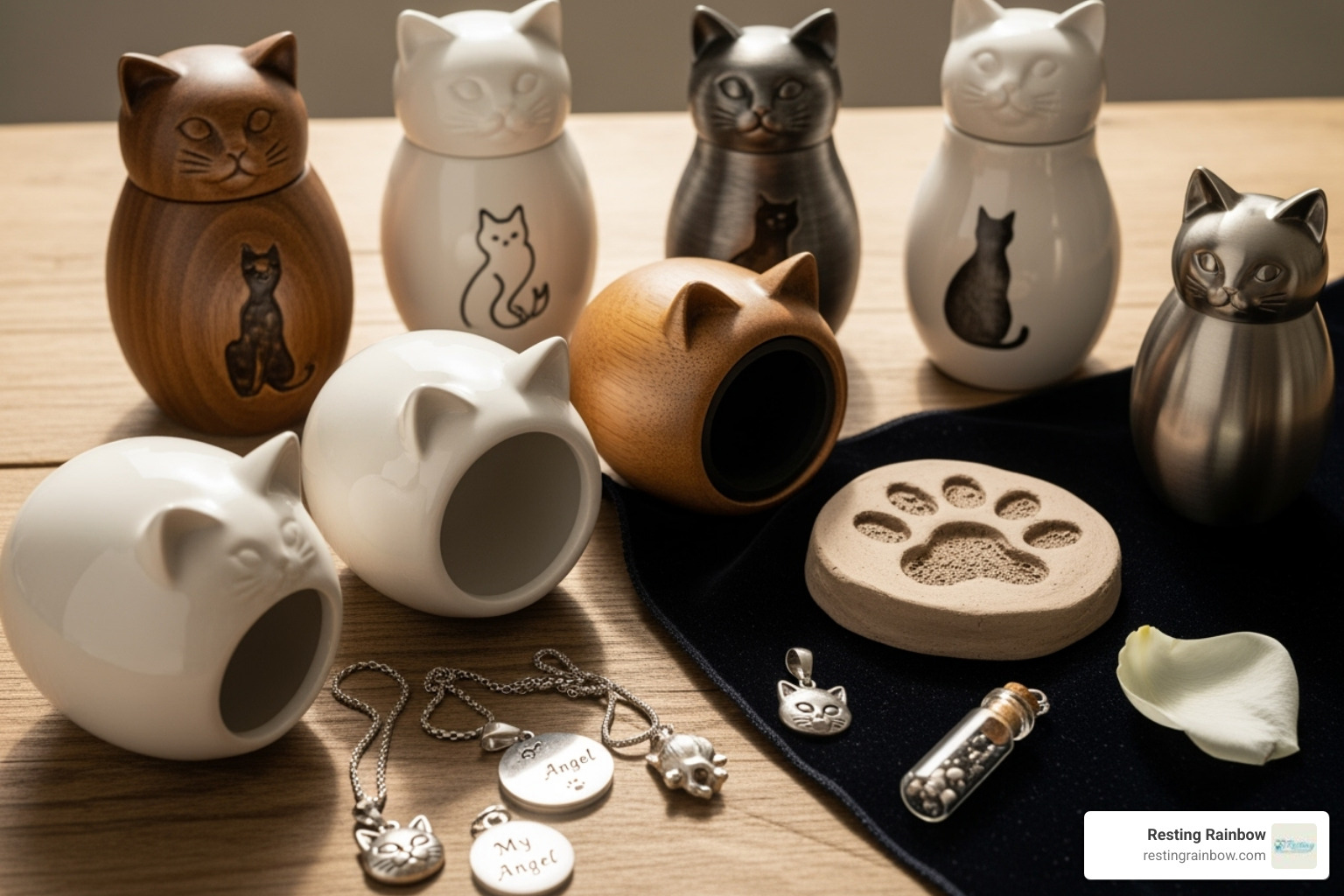 A display of pet memorial products: urns, a clay paw print, and cremation jewelry, offering ways to honor a beloved cat. - cremation for cats cost